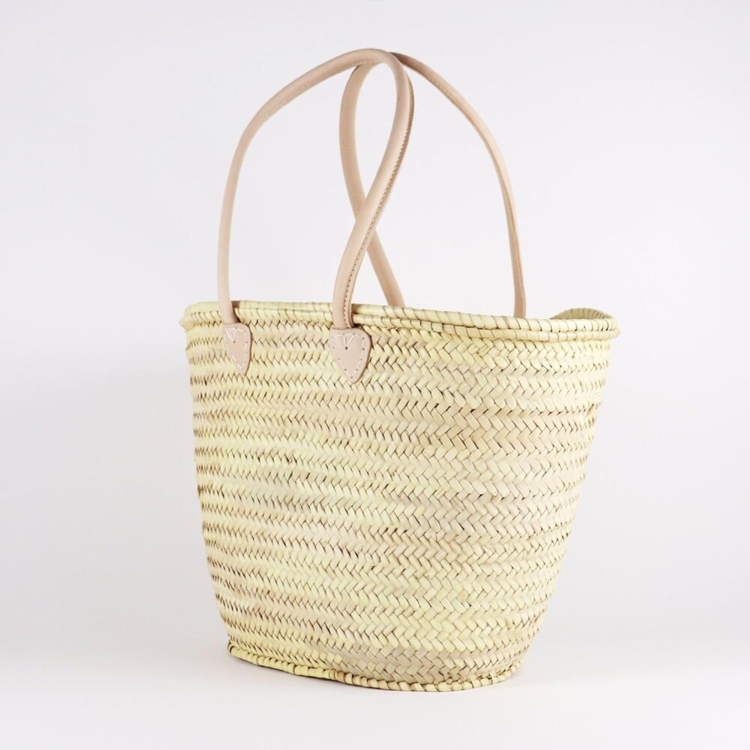 French Straw Basket Bag with Leather Handles - Eco-Friendly Woven Beach Tote, Market Shopping Basket, Natural Wicker Handbag (Brown) - Perfect for Beach Vacations, Farmers Markets & Boho Home Decor
