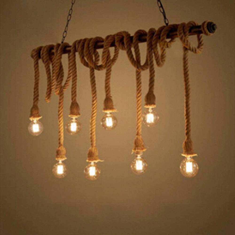 NIUYAO Vintage Industrial Pendant Chandelier - 8-Light Hemp Rope Hanging Ceiling Fixture for Farmhouse, Loft & Island Kitchen Lighting | Rustic Retro Home Decor for Dining Room, Bar or Cafe