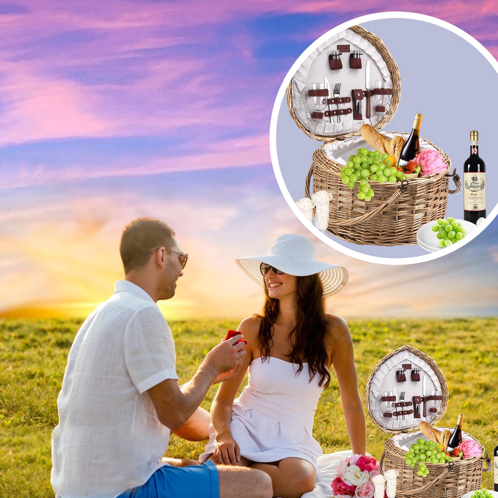 Romantic Heart-Shaped Picnic Basket Set for 2 - Wicker Picnic Hamper with Complete Accessories | Perfect Anniversary Gift for Couples, Valentine's Day Present | Ideal for Outdoor Dates, Beach Picnics & Park Gatherings