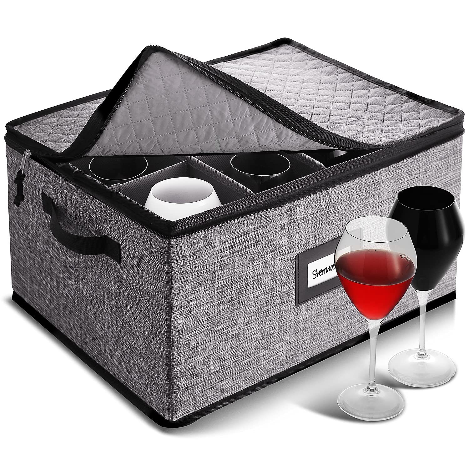 Premium 12-Piece Wine Glass Storage Box with Dividers - Quilted & Stackable Stemware Organizer for Moving, Seasonal Storage | Hard Shell China Storage Containers for Safe Transport & Home Bar Organization