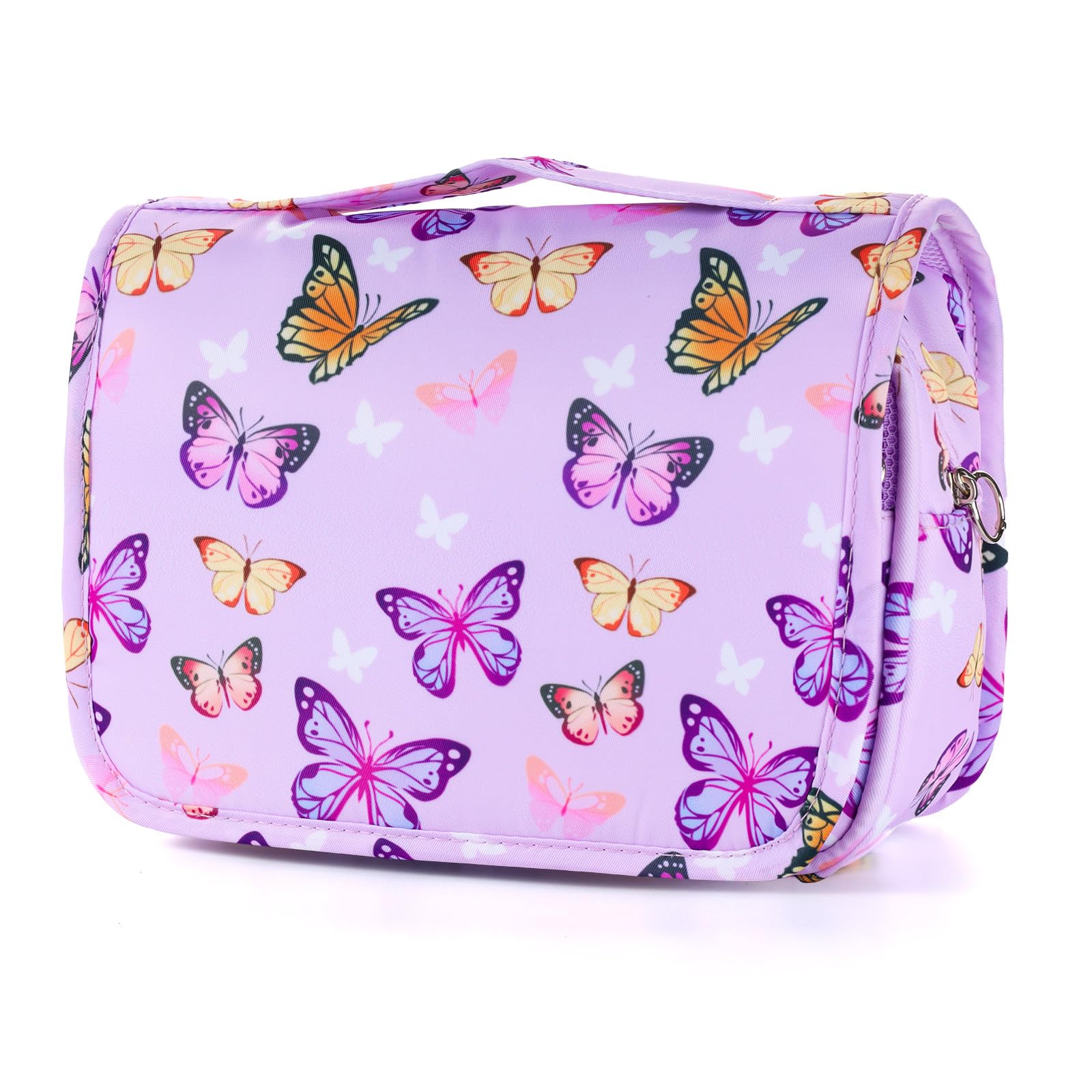 Waterproof Hanging Toiletry Bag for Girls - Butterfly Purple Travel Cosmetic Organizer | Kids Wash Bag for Toddler Travel, School & Sleepovers | Portable Makeup Storage for Bathroom & Vacation