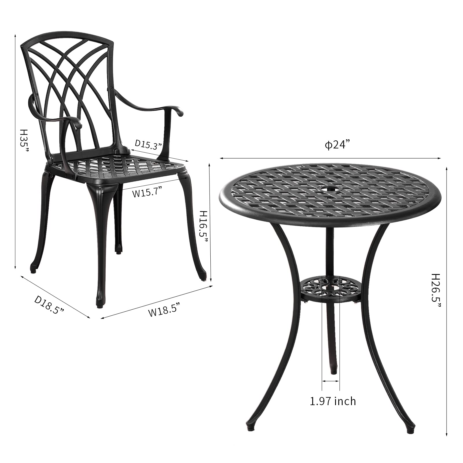 Outdoor 3-Piece Bistro Set - Durable Cast Aluminum Table & 2 Chairs - All-Weather Patio Furniture for Garden, Deck, or Balcony - Black - Perfect for Coffee, Dining & Relaxing Outdoors