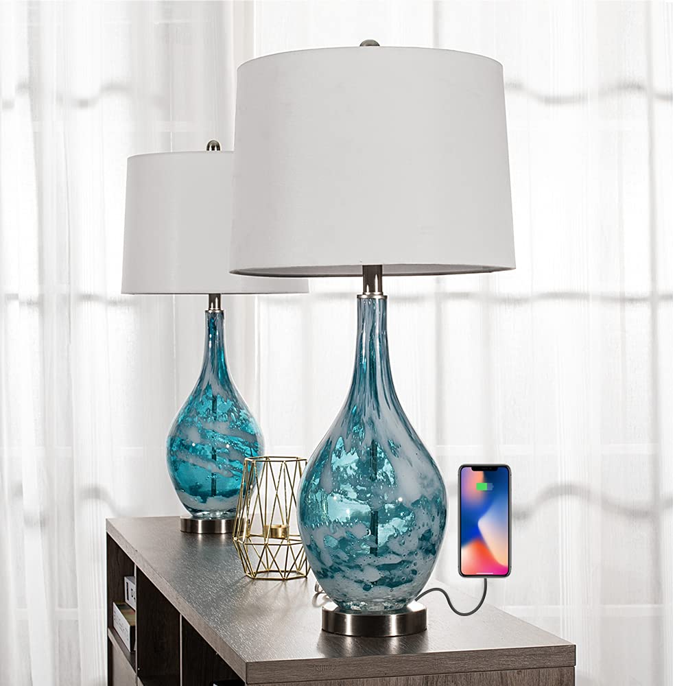 Maxax Coastal Glass Table Lamps Set of 2 - Blue USB Bedside Lamps with White Fabric Shade, Modern Nightstand Lighting for Bedroom, Living Room & Coffee Table (ETL Certified) | Perfect for Coastal Decor, Reading Nook & Ambient Lighting