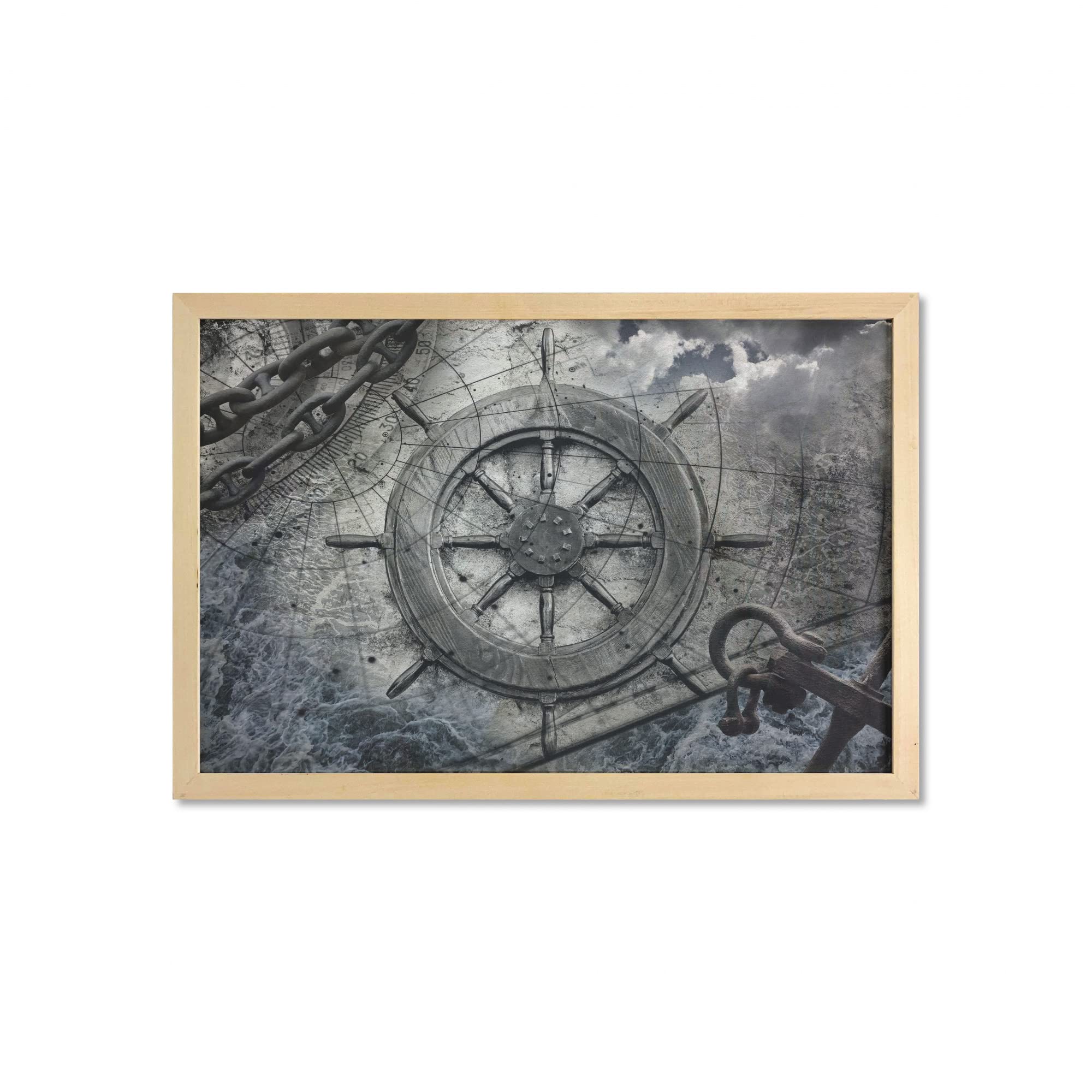 Ambesonne Vintage Ships Wheel Wall Art with Frame - Nautical Navigation Decor, Steering Helm & Anchor Chains Print - 35