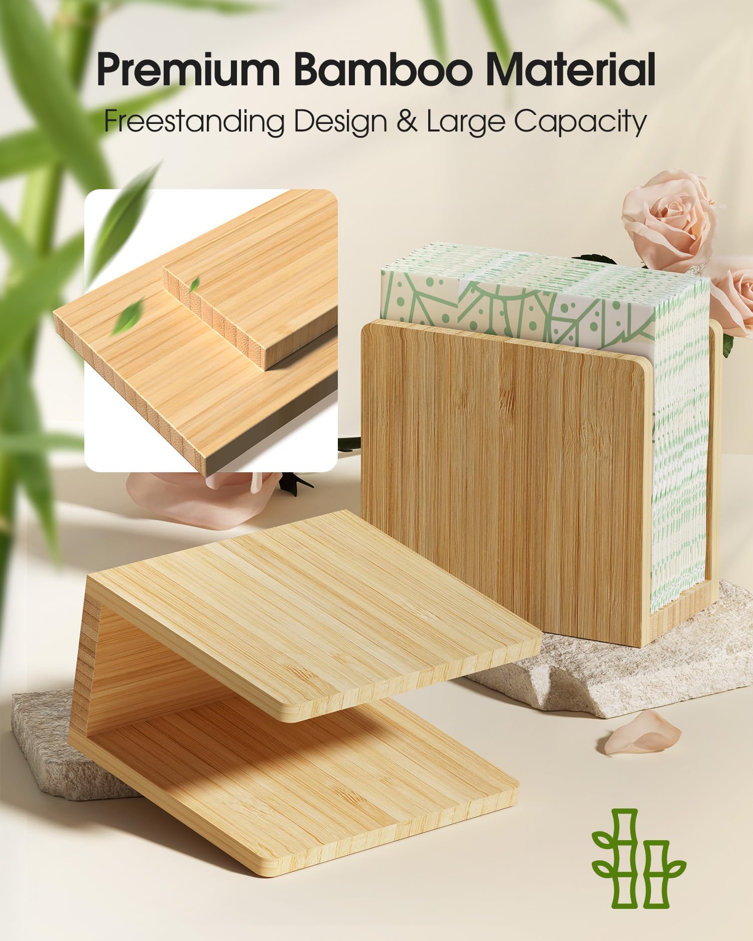 Premium Bamboo Napkin Holder - Wooden Tabletop Tissue Dispenser for Kitchen, Dining Room, Party & Outdoor Use - Holds 5.5x5.5