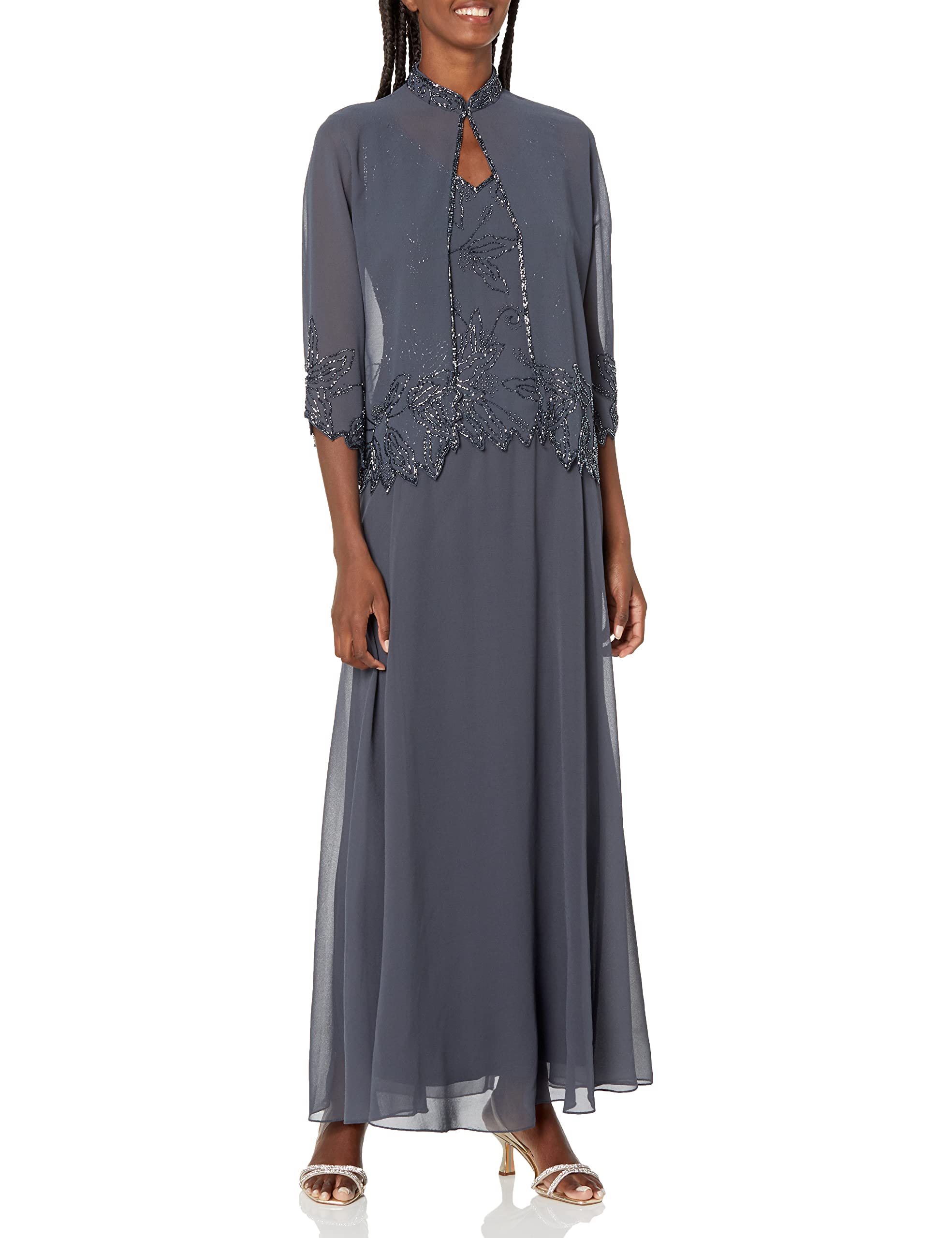 J Kara Women's Beaded Long Jacket Dress Two Piece Set - Elegant Boho Chic Outfit for Parties, Weddings & Special Occasions
