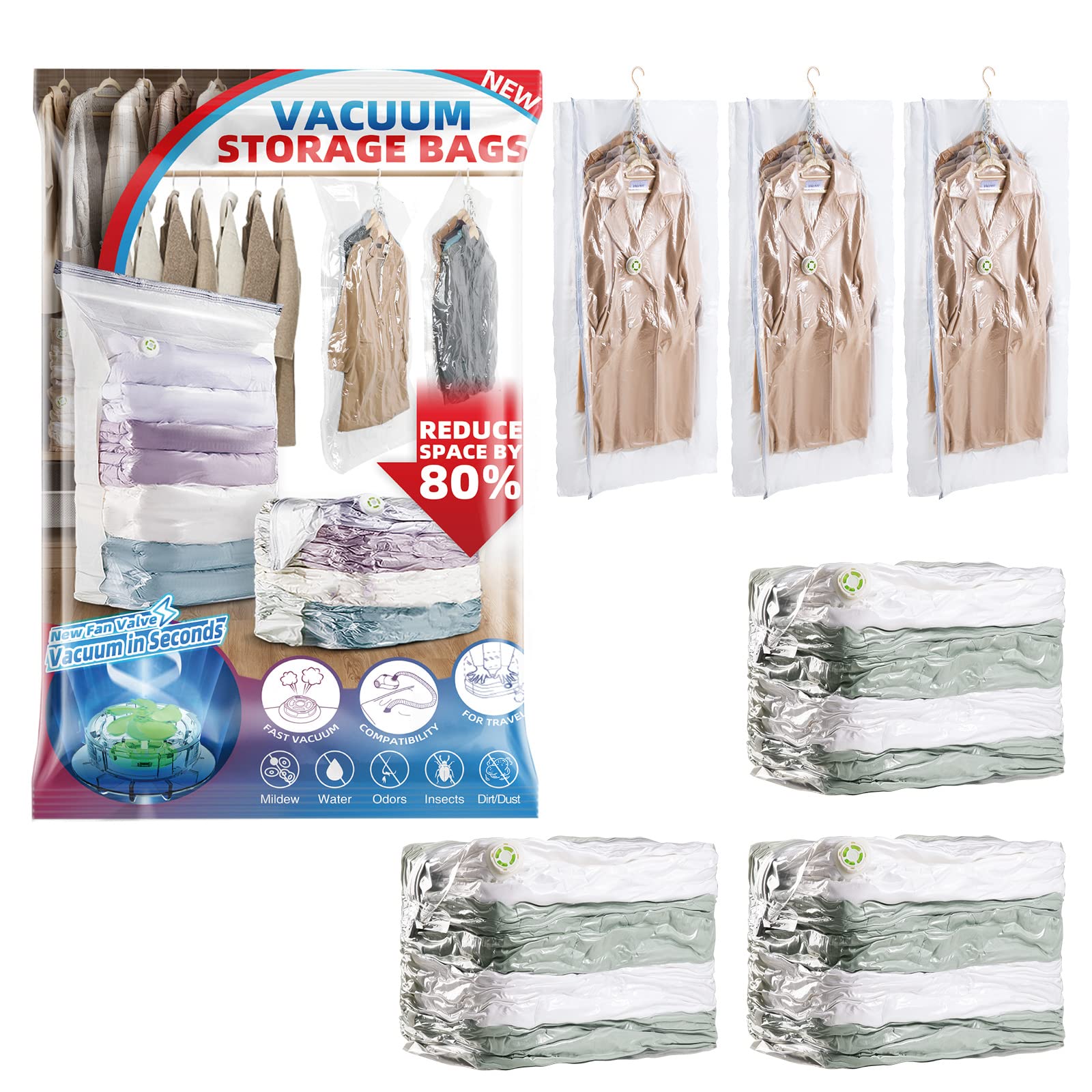 LEVERLOC 6 Pack Vacuum Storage Bags - Space Saver Storage (3 Hanging + 3 Jumbo Cube) for Clothes, Bedding, Coats, Jackets, Comforters & Blankets | Closet Organizer | Compact Storage Solution for Seasonal Wardrobe, Travel & Home Organization