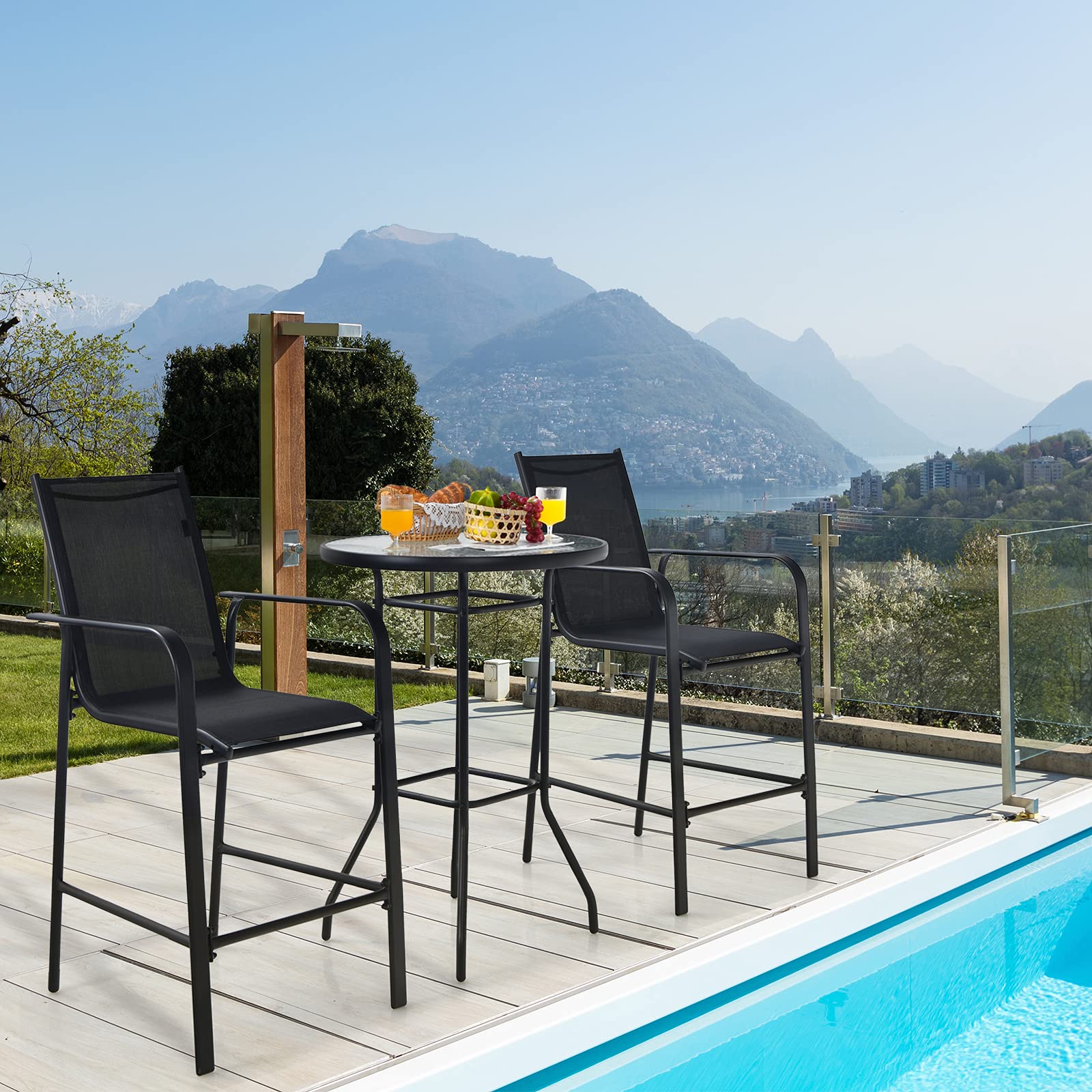 Tangkula 3-Piece Outdoor Bar Set - 2 Bar Stools & 1 Tempered Glass Table - Patio Bistro Set for Backyard, Garden, Lawn, Balcony - Black - Perfect for Outdoor Dining, Entertaining & Relaxation