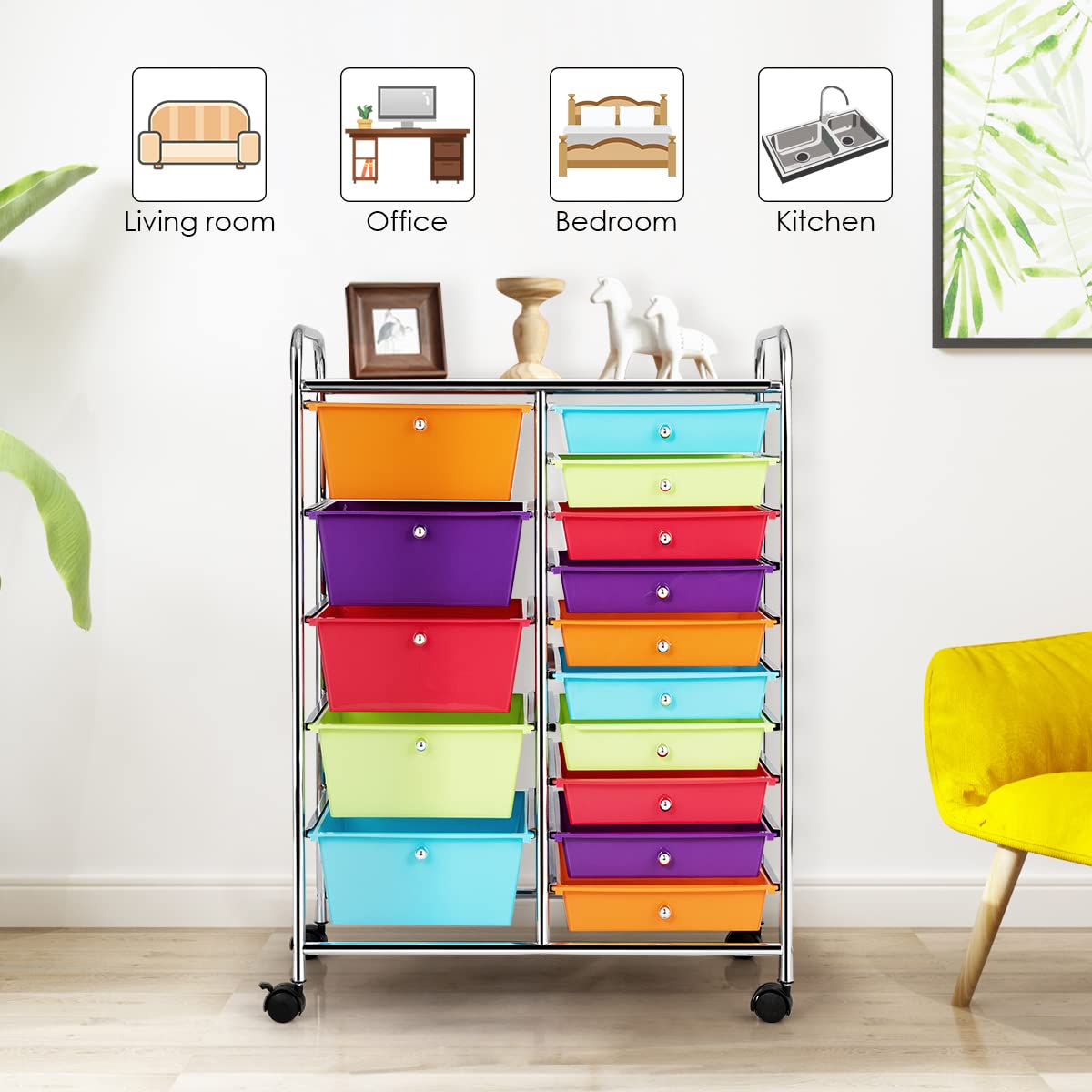 LDAILY 15-Drawer Rolling Storage Cart - Multipurpose Mobile Organizer with Durable Metal Frame | Perfect for Office, School & Craft Room Organization | Scrapbook Paper Storage, Art Supplies & Stationery Organizer (Colorful)