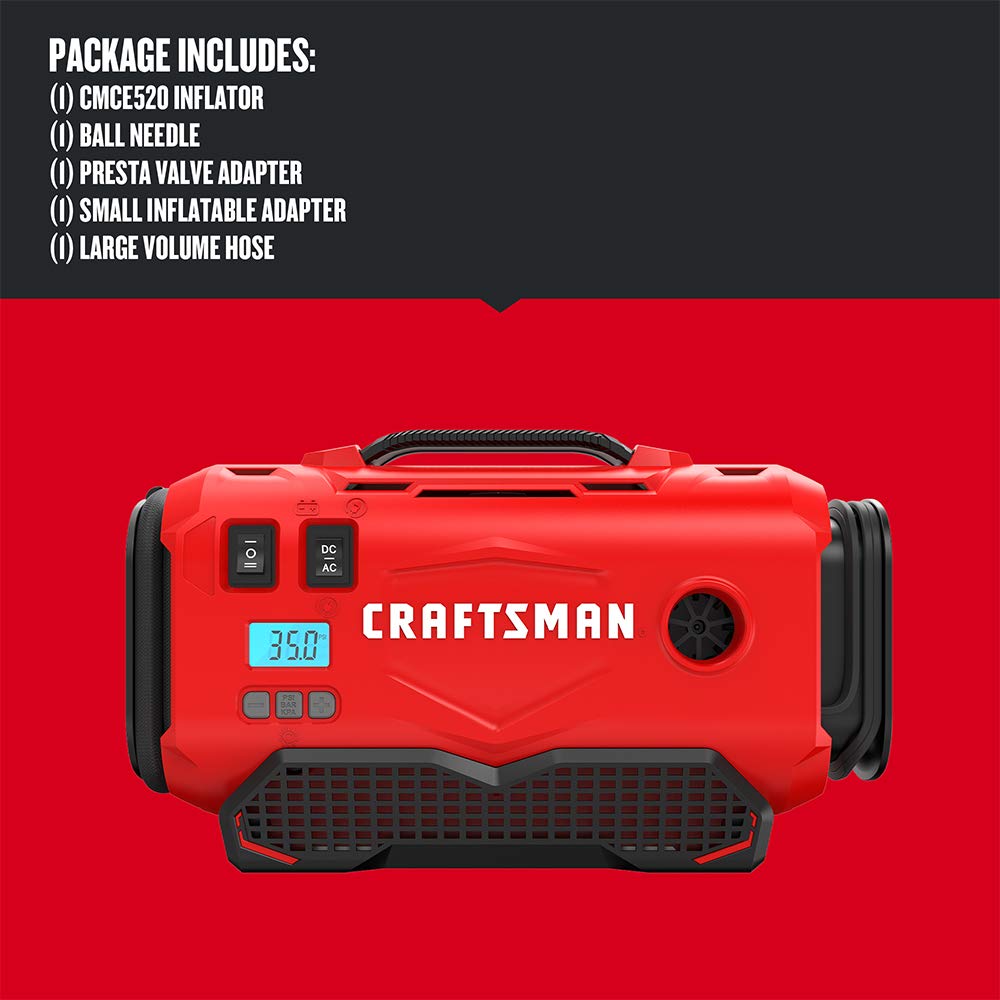 CRAFTSMAN V20 Cordless Air Inflator with Fast Charger - Portable Tire Pump for Cars, Bikes & Sports Equipment (Battery Sold Separately, Model CMCE520B & CMCB104) - Perfect for Road Trips, Camping and Emergency Tire Inflation