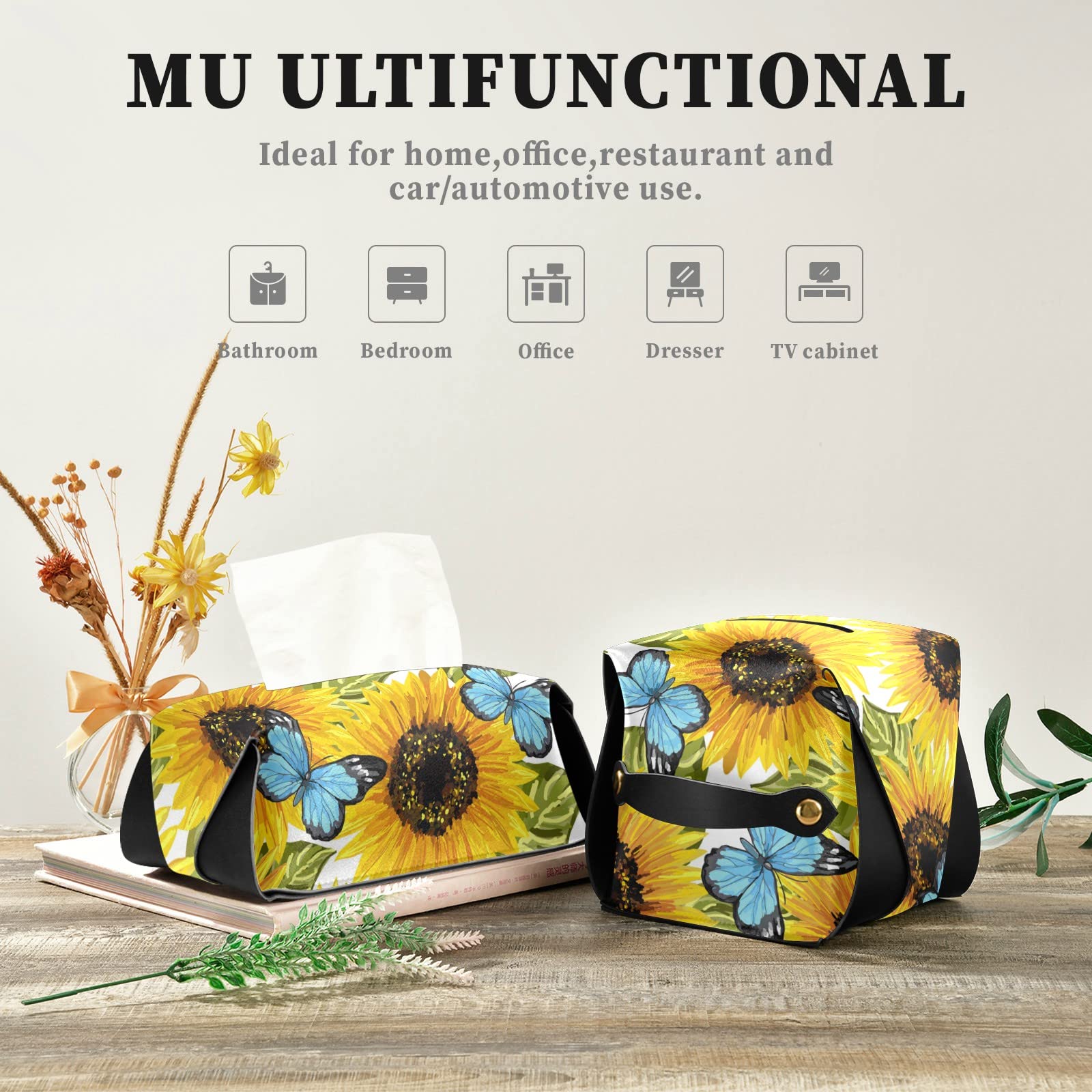 Sunflower & Blue Butterfly Leather Tissue Box Cover with Handle – Rectangular Tissue Holder for Car, Bathroom, Home & Office Decor | Durable & Stylish Facial Tissue Dispenser
