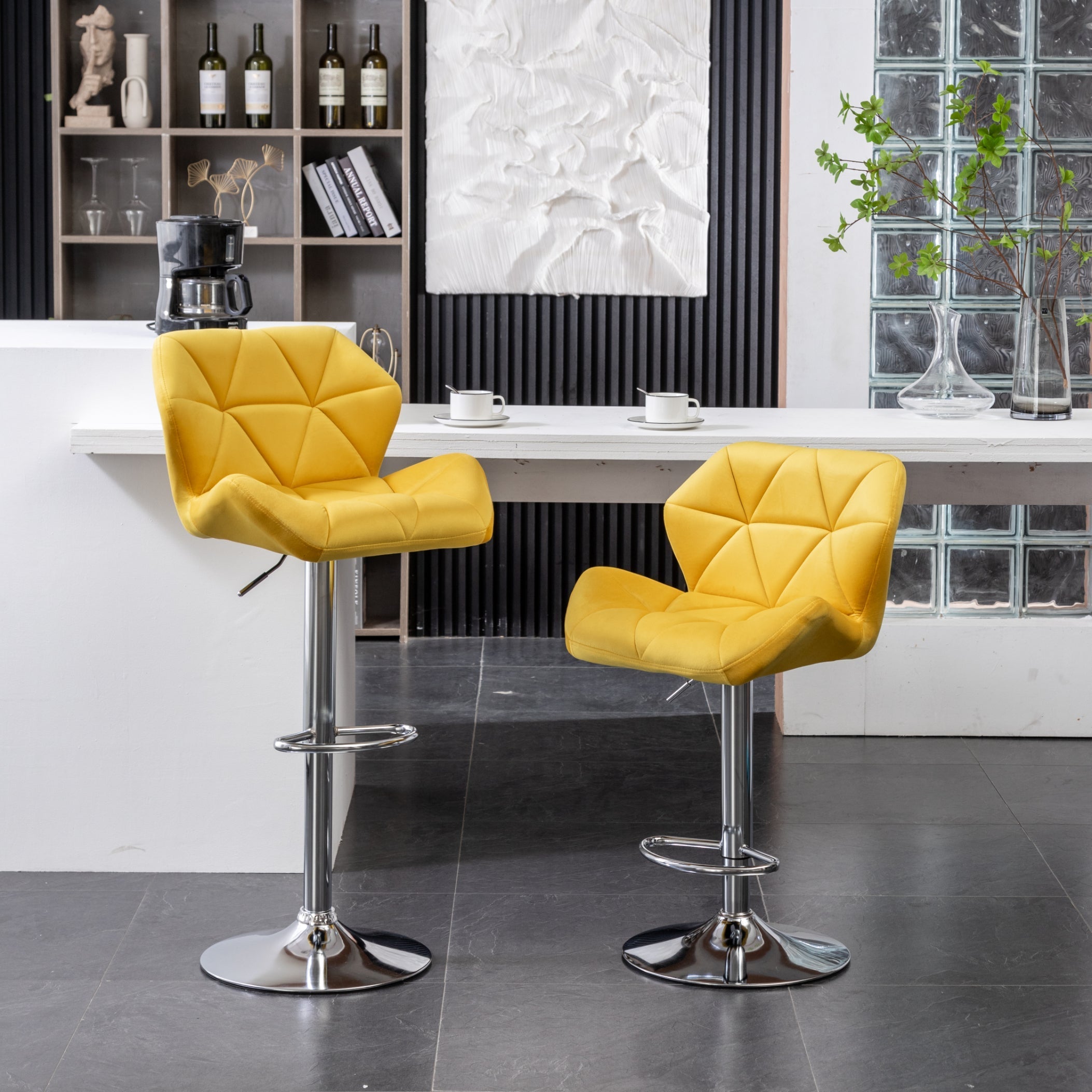 Roundhill Furniture Breni Velvet Diamond Tufted Swivel Adjustable Height Bar Stool - Yellow (Set of 2) - Perfect for Kitchen Island, Home Bar & Breakfast Nook