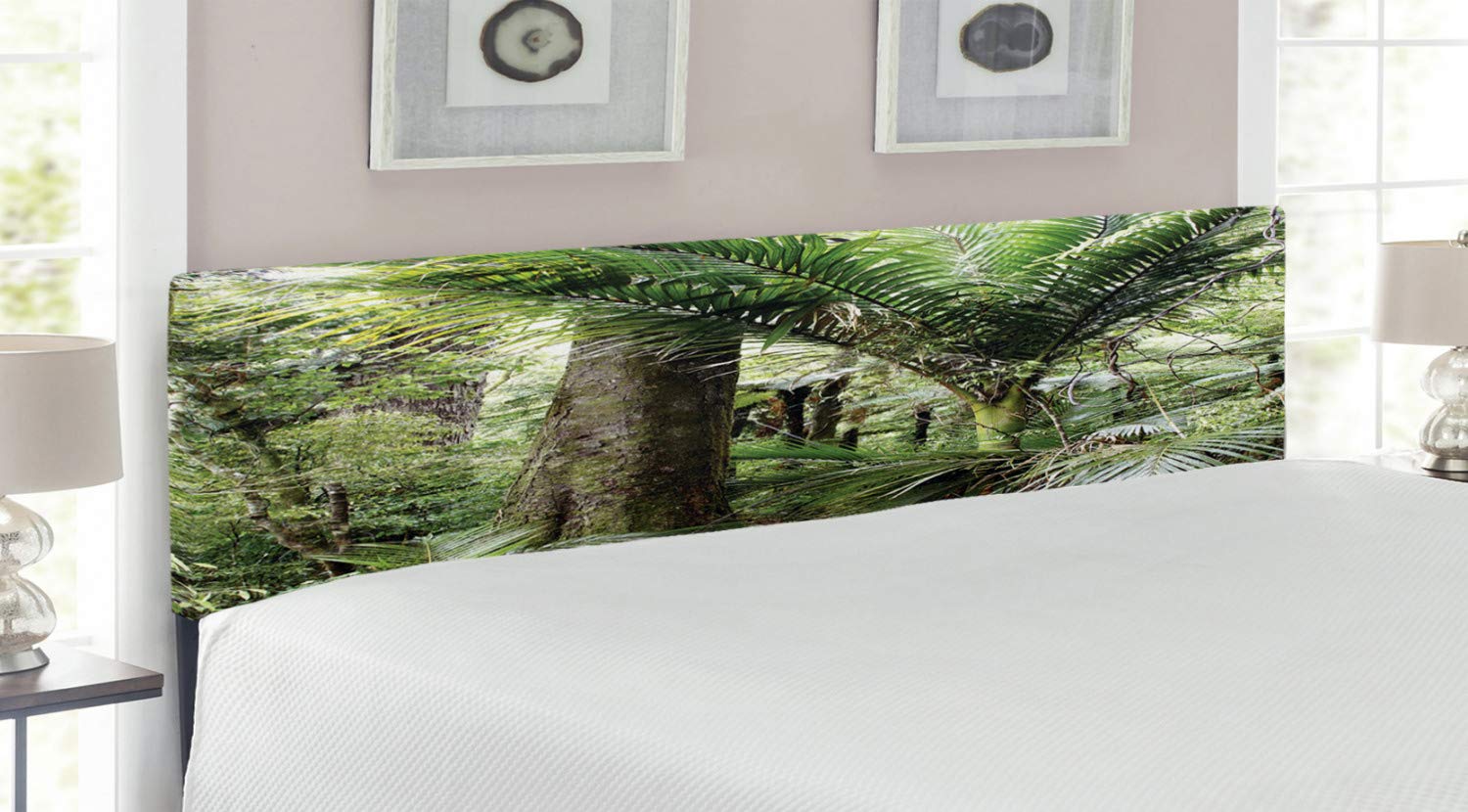 Ambesonne King Size Upholstered Metal Headboard with Memory Foam - Tropical Jungle Forest Design in Green & Brown | Perfect for Bedroom Decor, Guest Rooms & Nature-Themed Interiors
