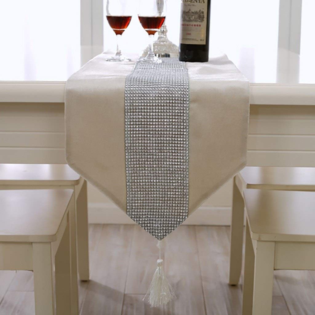 Luxury Faux Velvet Table Runner with Diamond Pattern, Elegant Tassel & Sequined Rhinestone Trim - Classic Home Decor for Dining Table, Wedding, Party (8 Color Options)