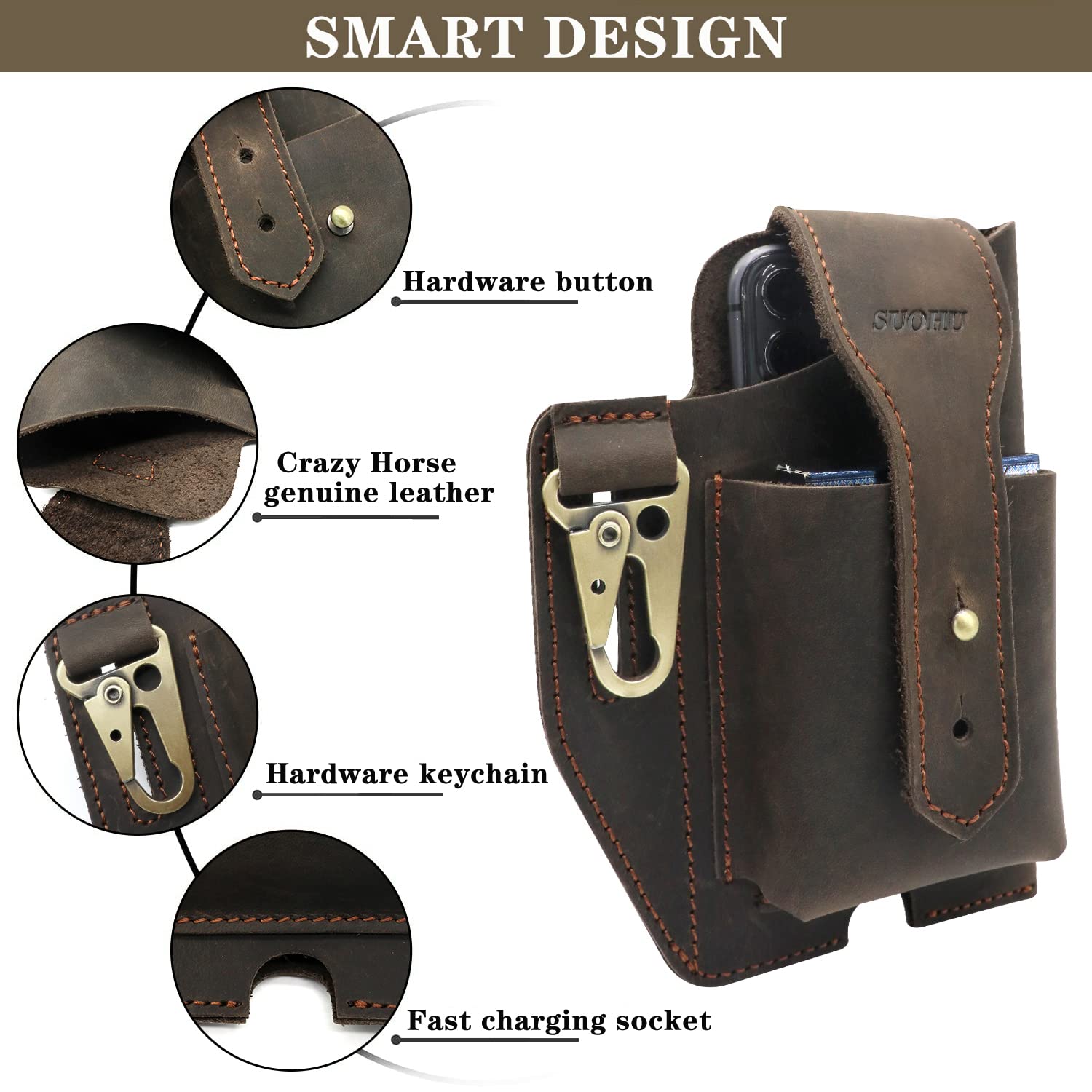 Premium Leather Phone Holster with Belt Clip - Universal Leather Cell Phone Pouch for iPhone & Smartphones - Tactical Belt Phone Case for Men & Women - Dark Brown - Perfect for Outdoor, Work & Daily Use
