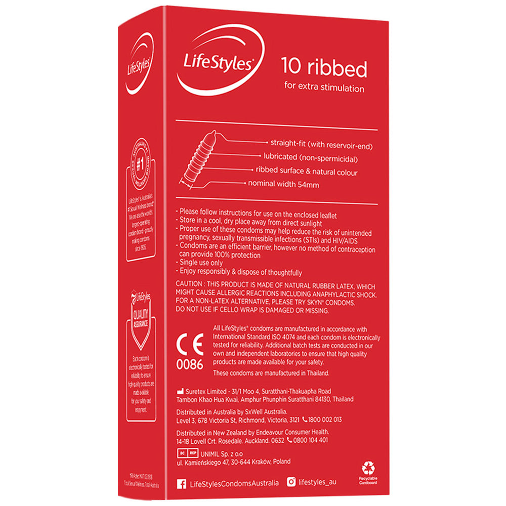 Ansell LifeStyles Ribbed Latex Condoms - 10 Pack | Ultra Thin & Sensitive for Enhanced Pleasure | Perfect for Couples & Safe Intimacy