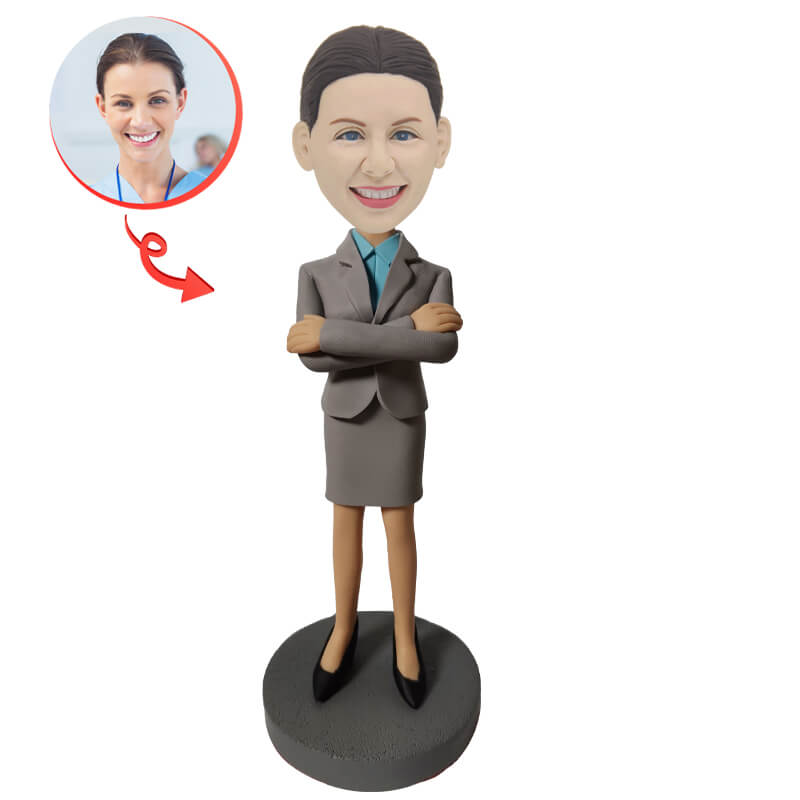 Custom Young Smiling Businesswoman Bobblehead - Personalized Office Desk Decor for Professionals, Entrepreneurs & Corporate Gifts - Perfect for Work Desks, Home Offices & Retirement Celebrations