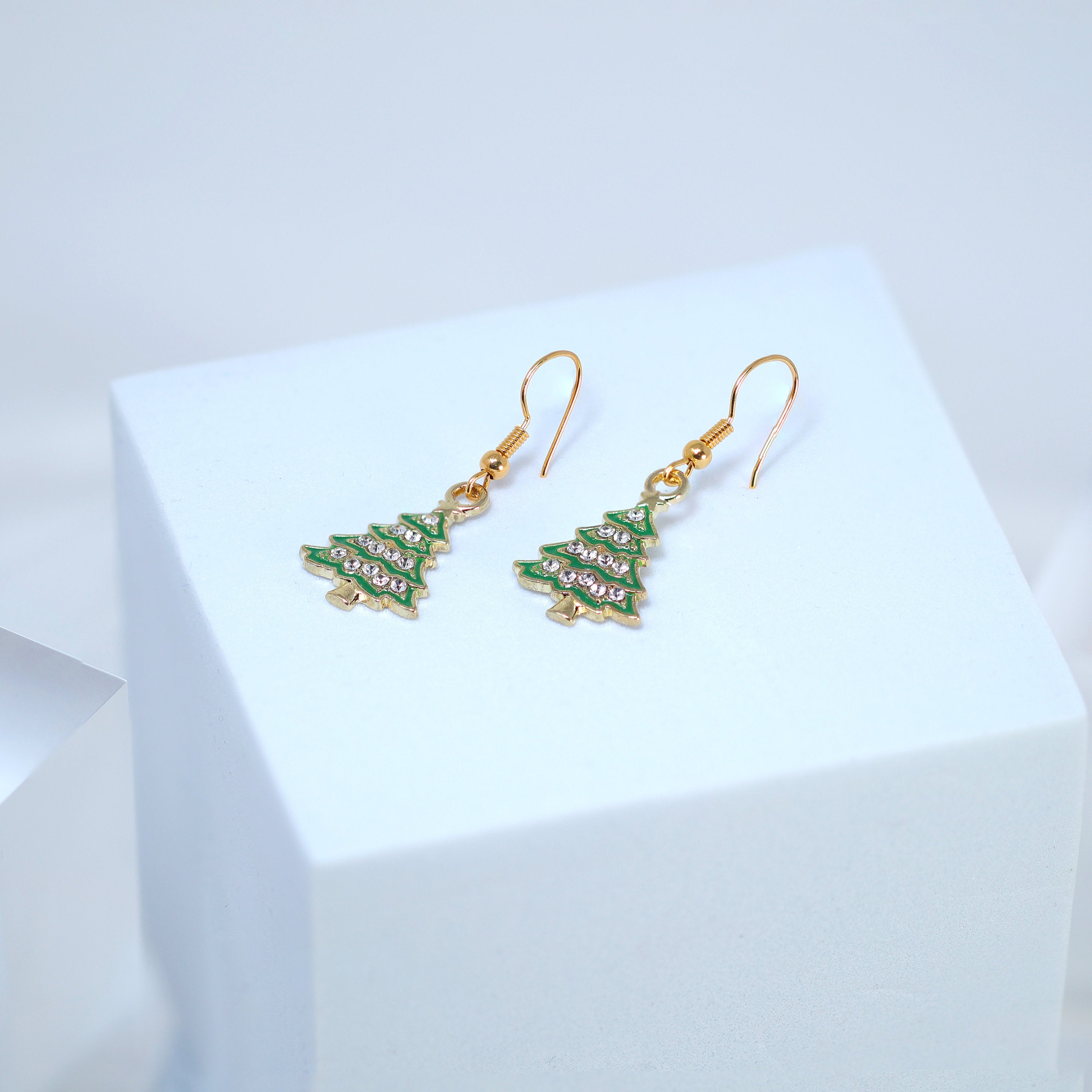 Minimalist Rhinestone Green Christmas Tree Dangle Earrings - Crystal Tree Statement Earrings for Women | Holiday Party, Christmas Gift, Festive Accessories
