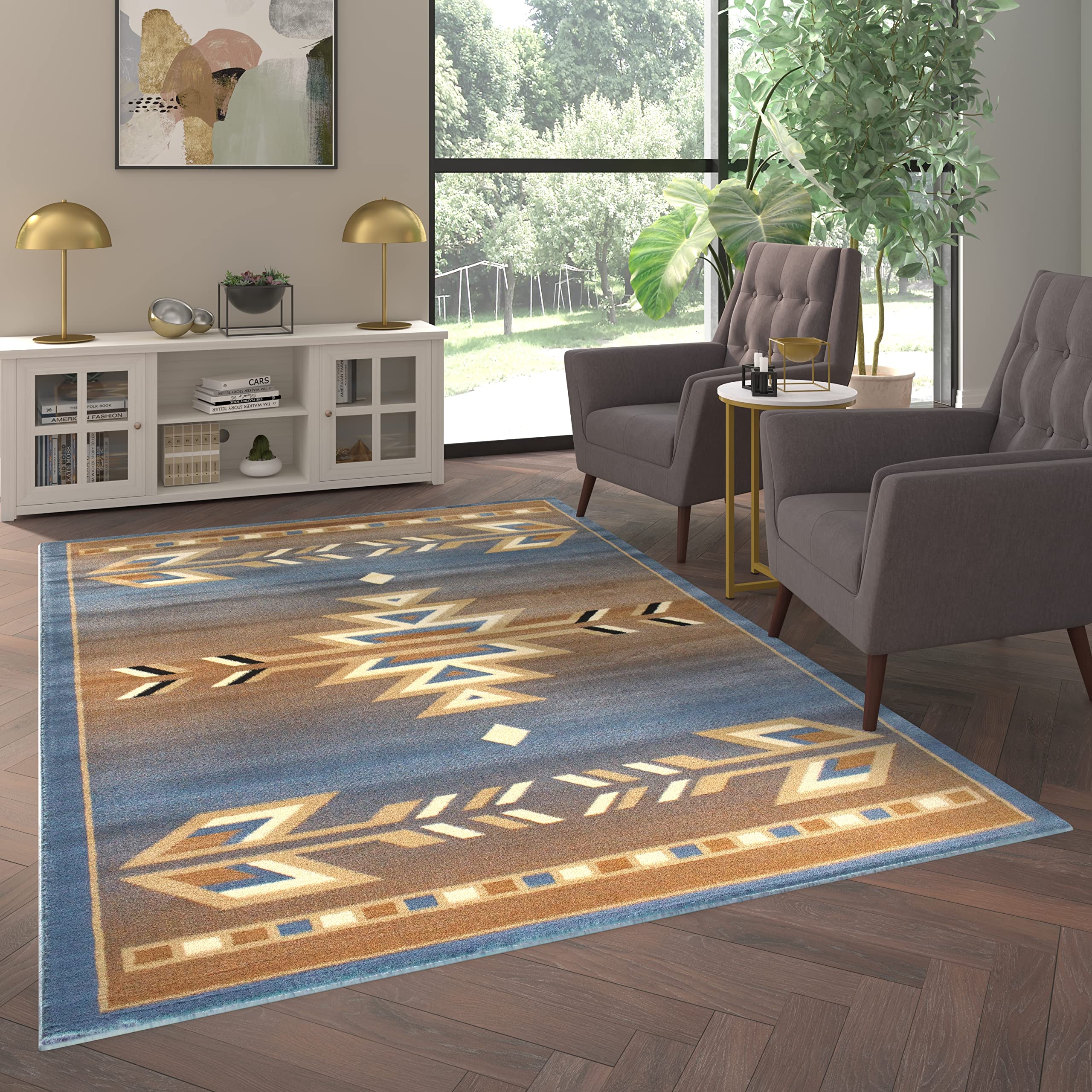 EMMA + OLIVER Reno Olefin Accent Rug 6x9 Feet - Southwestern Geometric Arrow Pattern in Blue, Black, Beige & Ivory - Stain & Moisture Resistant Indoor Outdoor Rug with Jute Backing - Perfect for Living Room, Bedroom, or Patio Decor