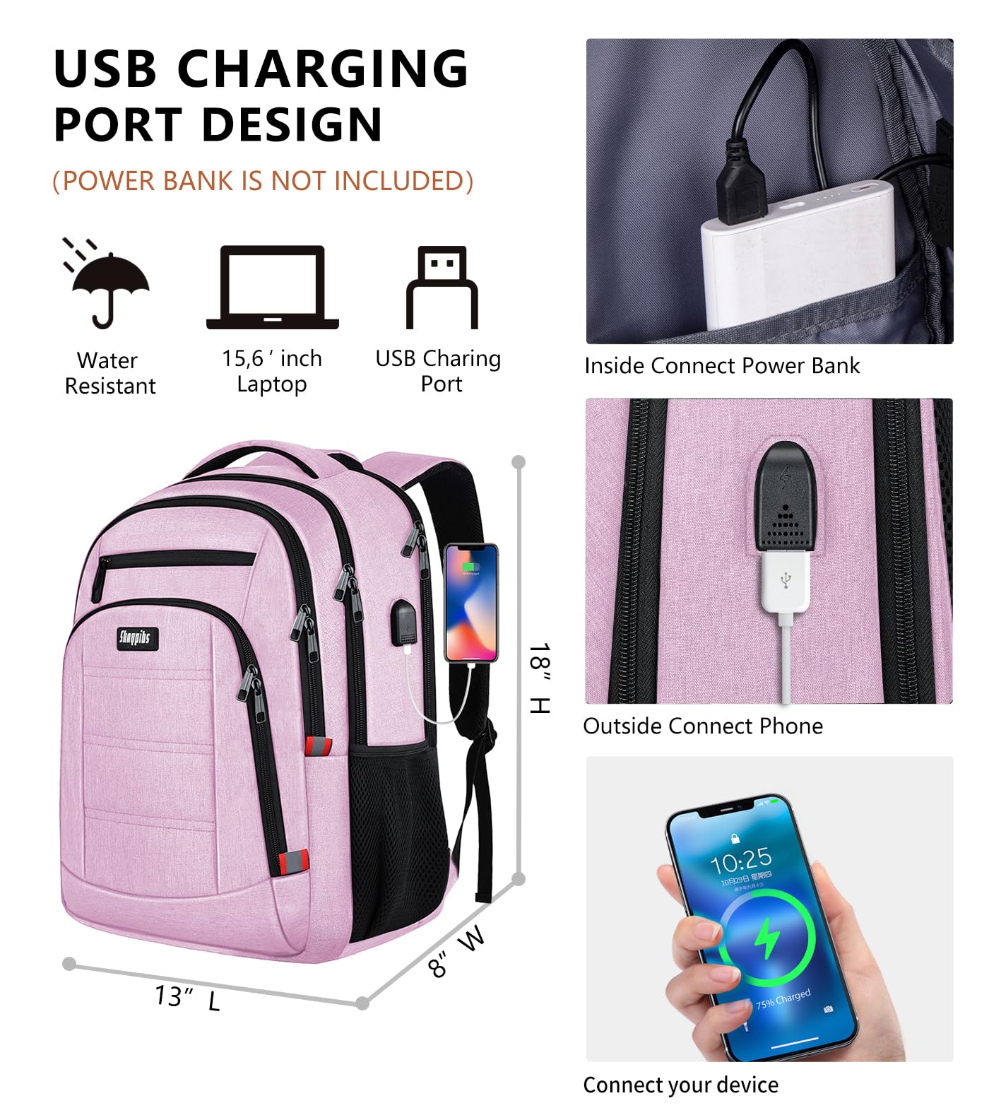 **Pink Women's Backpack with USB Charging Port - Stylish School & College Bookbag for Girls & Teens - Fits 15.6 Inch Laptop - Perfect for High School, Work, Business & Travel**