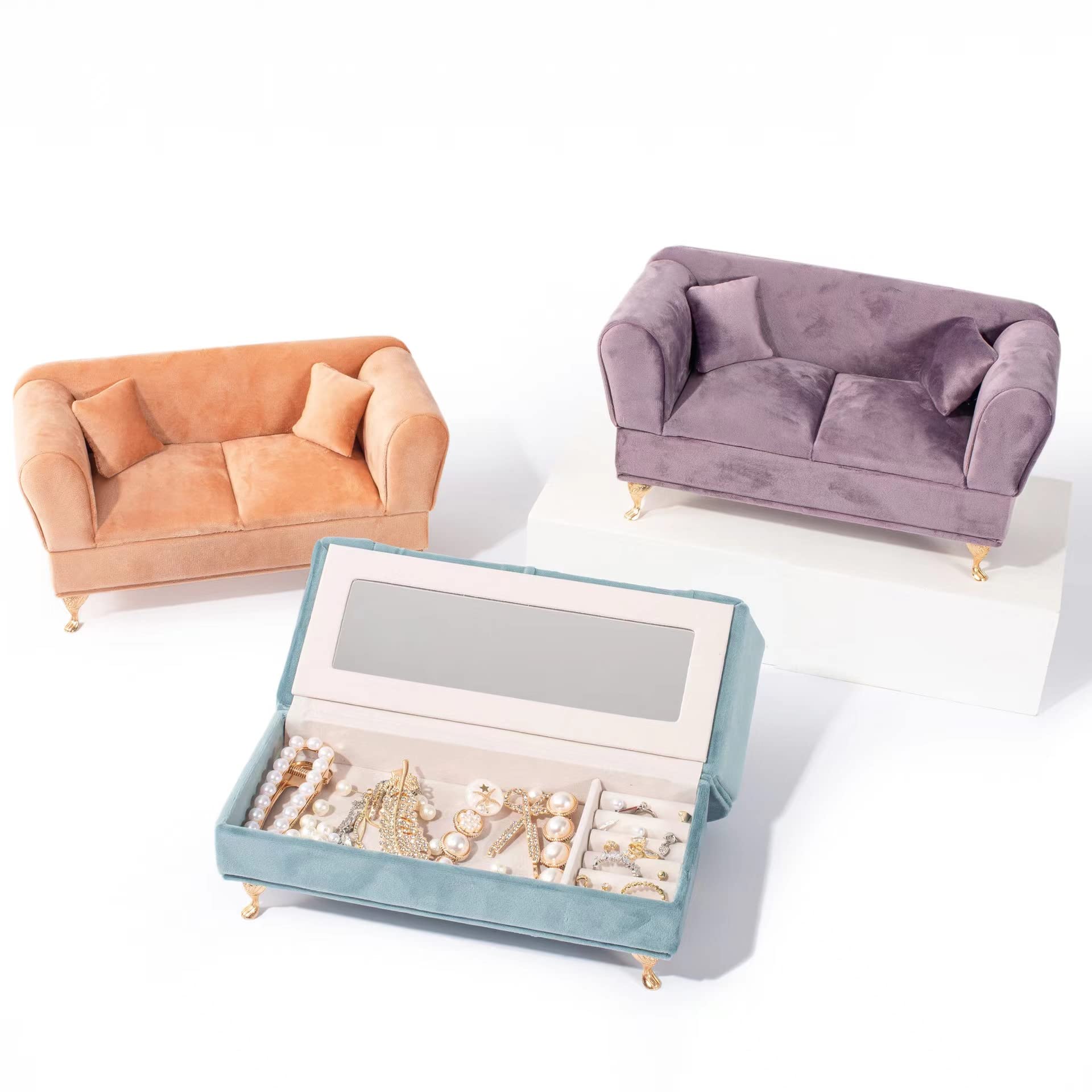 1/6 Scale Miniature Dollhouse Sofa & Pink Velvet Jewelry Box - Tiny Furniture Accessories for Dollhouse, DIY Crafts & Collectibles - Perfect for Home Decor, Gift Giving & Creative Play