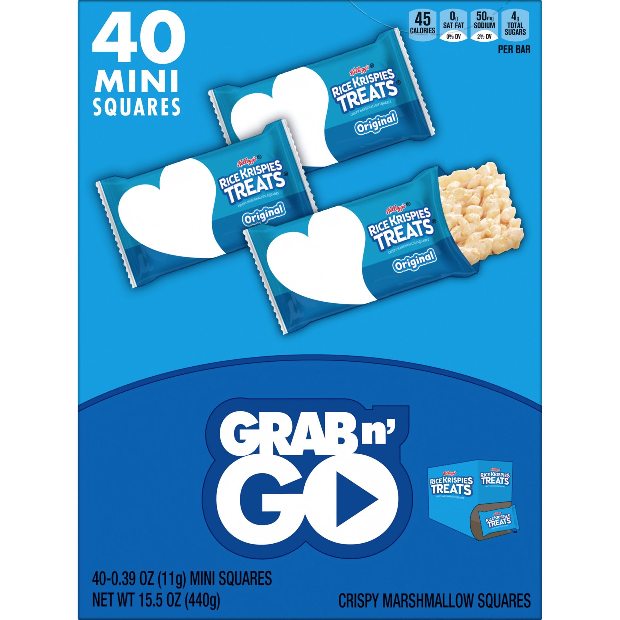 Original Rice Krispies Treats Mini Squares - 15.5oz Box (40 Bars) | Kids Snacks, School Lunch, After-School Treats, Birthday Party Favors & On-The-Go Snacking