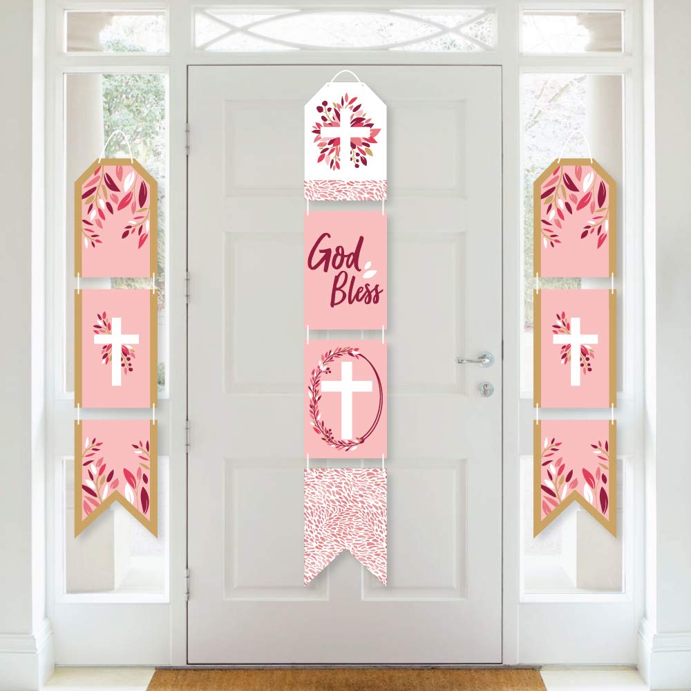 Elegant Pink Cross Hanging Paper Door Banner - Religious Wall Decoration Kit for Girls - Indoor Party & Home Decor - Perfect for Baptisms, First Communions & Church Events