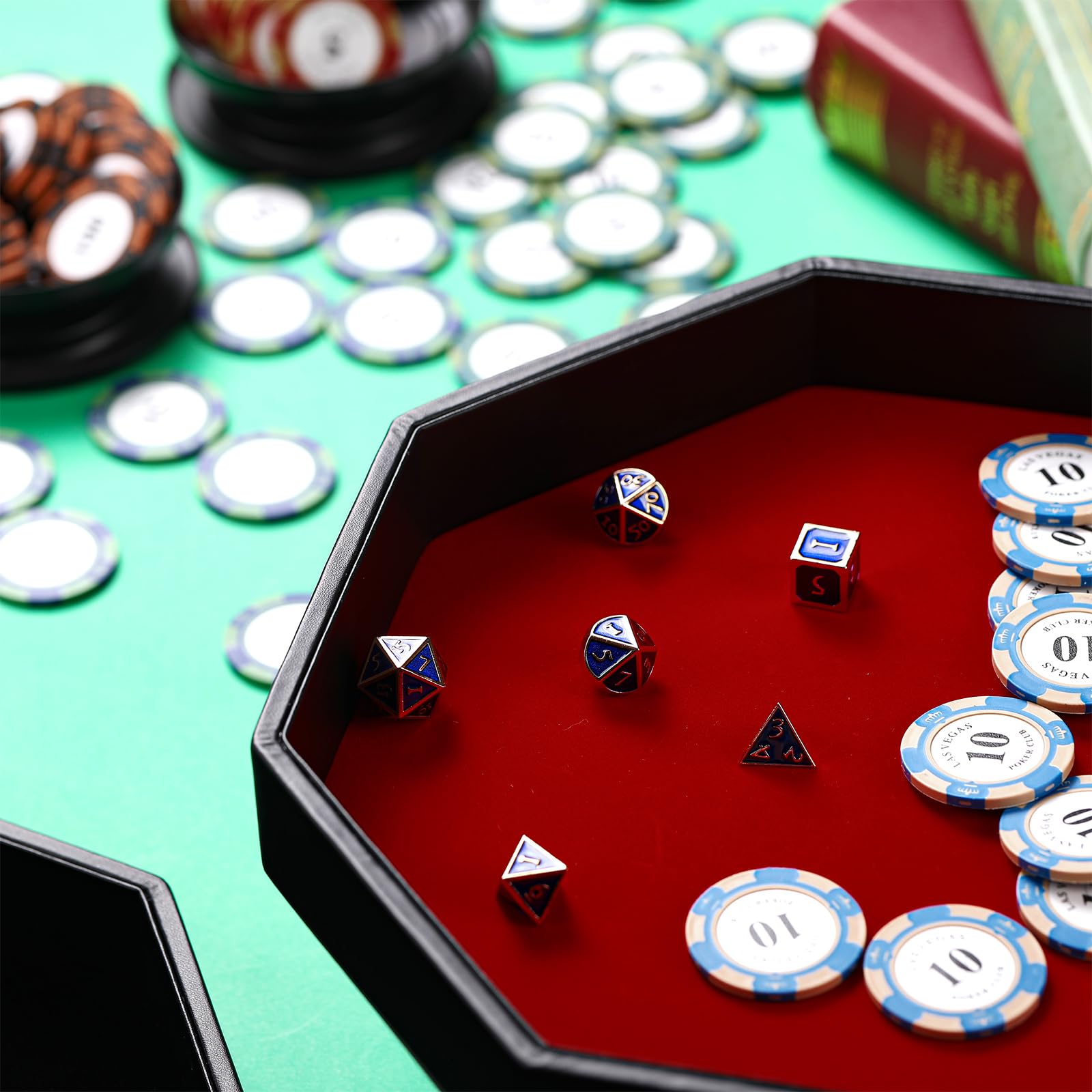 Wenqik 2-Piece Octagon Dice Tray Set - 11.5 Inch PU Leather Dice Mat with Velvet Lining for RPG, Farkle & Tabletop Games - Perfect for Game Nights, Christmas Parties & Holiday Gatherings (Black & Red)