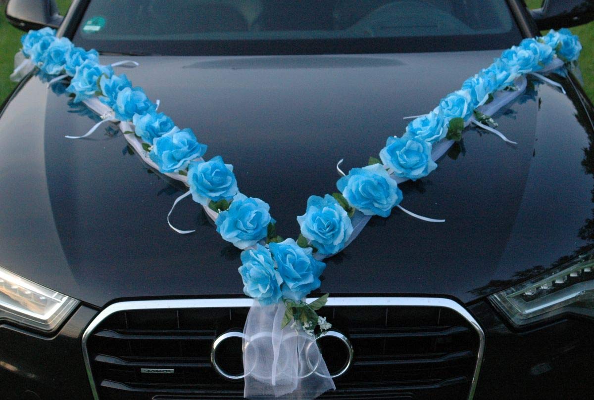 Rose Garland Car Jewelry - Bridal Couple Rose Decor for Wedding Cars (Blue/White) | Elegant Vehicle Decoration for Weddings, Anniversaries & Special Events