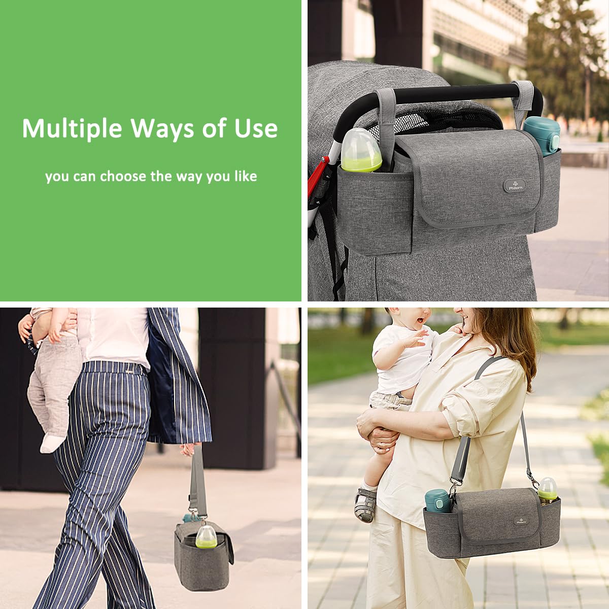 PHILORN Universal Stroller Organizer Bag with Insulated Cup Holder - Grey Stroller Caddy with Detachable Shoulder Strap & Large Storage Space | Perfect for Diapers, Toys & Snacks on the Go