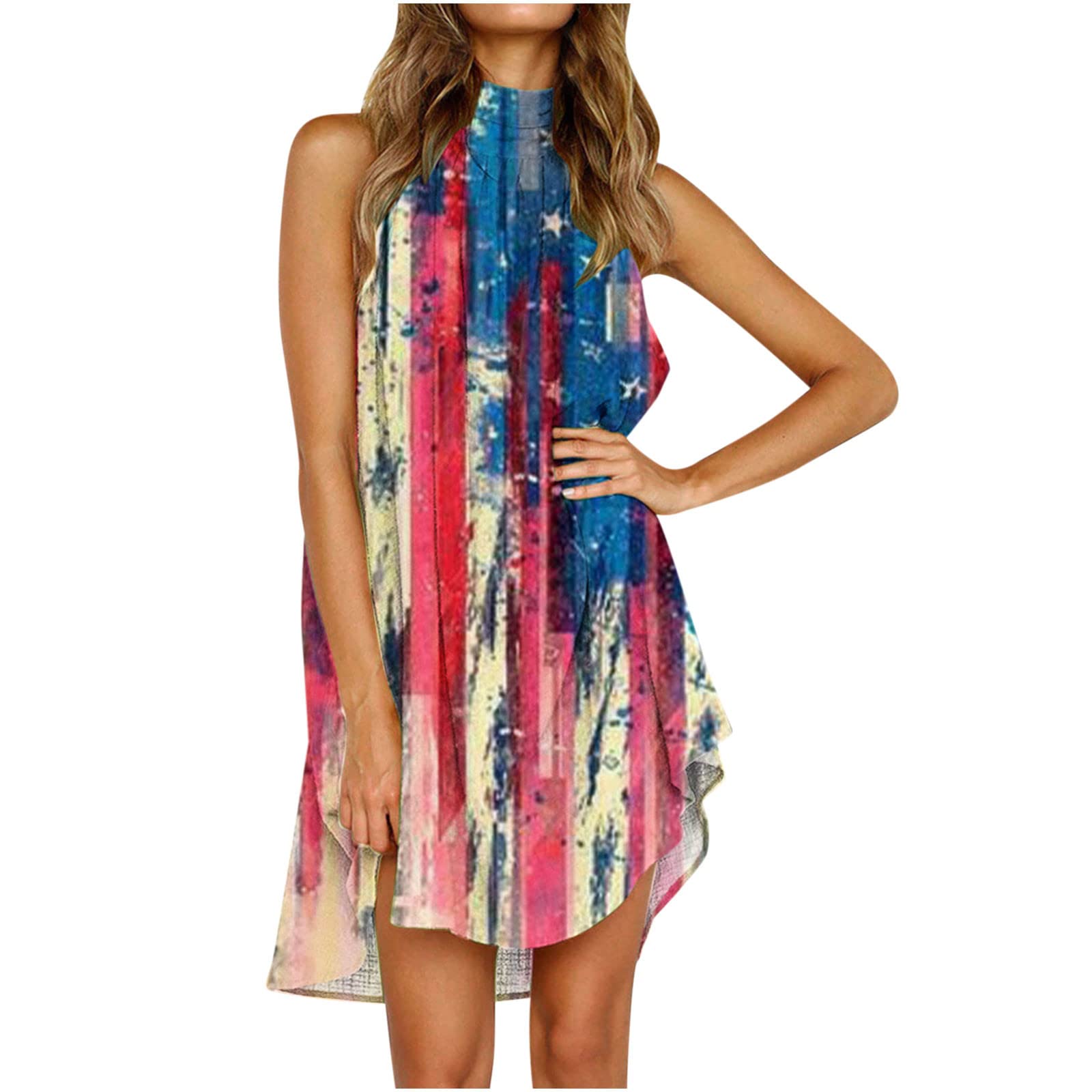 Symoid Women's Summer Halter Neck Dress - Sleeveless Boho Floral Print Sundress, Round Neck Loose Mini Dress for Beach Vacation, Pool Party & Casual Outings