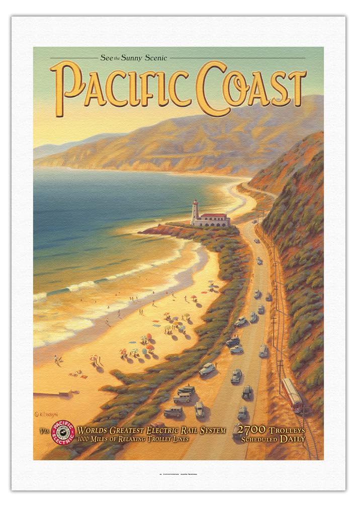 Vintage Pacific Electric Red Car Railroad Travel Poster - Kerne Erickson Fine Art Canvas Print 27x40 Inch - California Scenic Pacific Coast Wall Decor for Home & Office