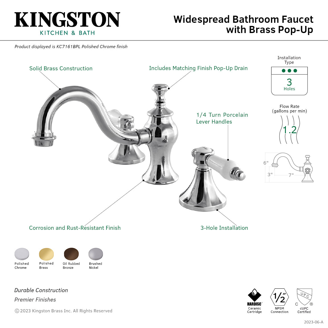 Bel Air KC7162BPL 3-Hole Widespread Bathroom Faucet with Brass Pop-Up Drain - Two Handle Deck Mount Sink Faucet in Polished Brass - Perfect for Modern Bathroom Vanities and Powder Rooms