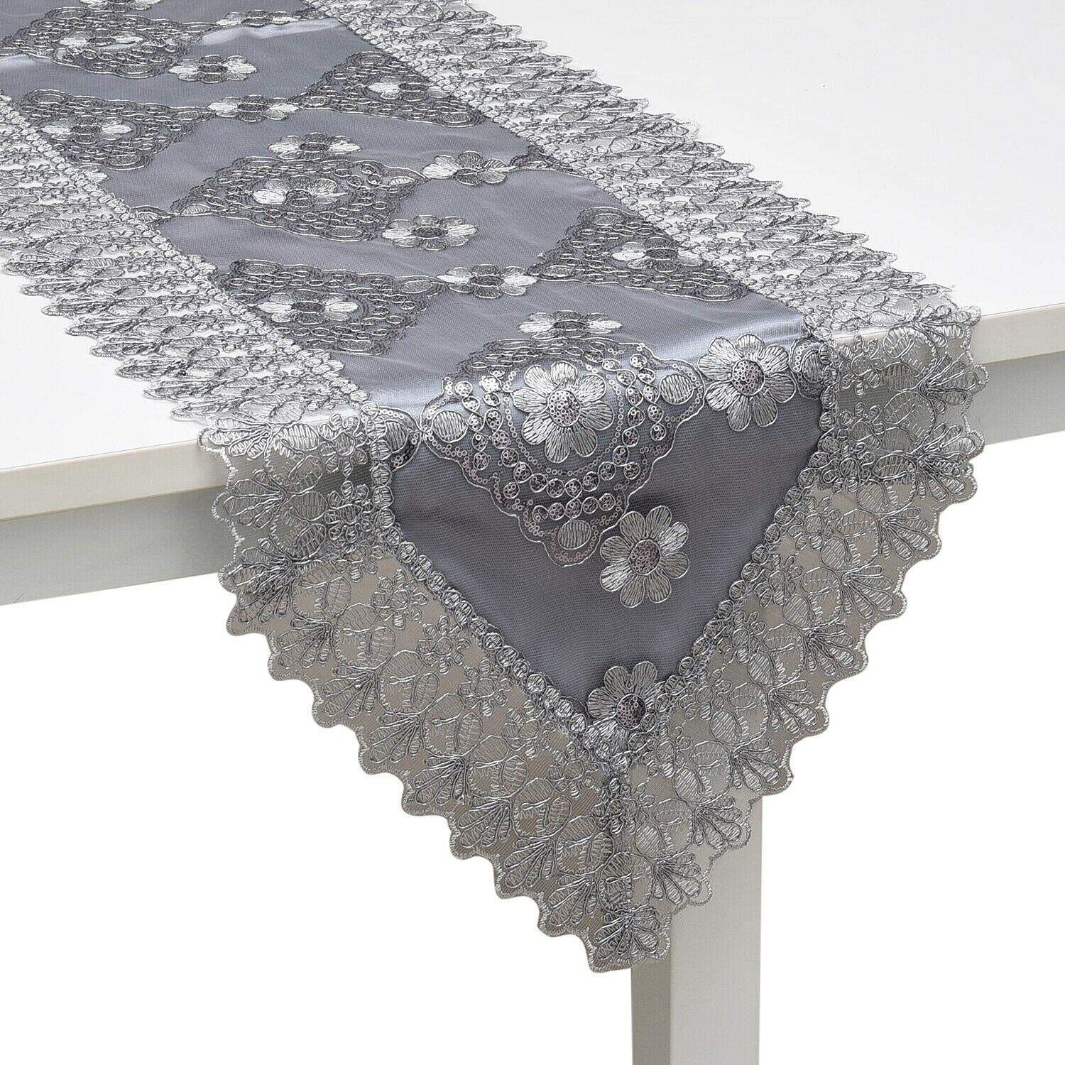 KHN Gray Silver Floral Pattern Polyester Lace Table Runner - Elegant Dining Table Decor for Farmhouse, Kitchen & Home | Perfect for Weddings, Parties & Holiday Decorations