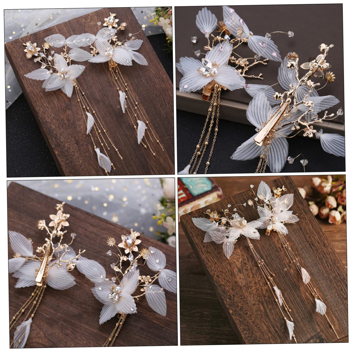 2Pcs Elegant Rhinestone Flower Hair Clips with Tassel - Chinese Style Fairy Headwear for Women & Girls - Bridal Hair Accessories (White) | Perfect for Weddings, Parties & Special Occasions