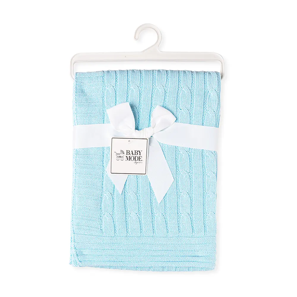 Baby Mode Signature Cable Knit Blanket - Soft Blue Handmade Knitted Baby Blanket for Newborns, Infants & Toddlers | Perfect for Nursery, Stroller, Swaddling & Photo Shoots
