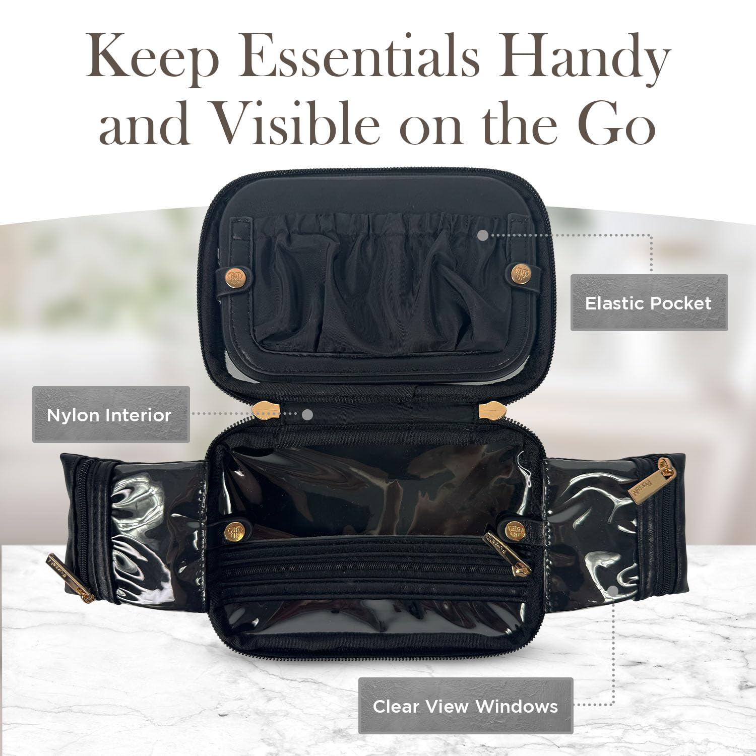 Premium LittMini Makeup Bag with Detachable Mirror & LED Light - Compact Travel Cosmetic Organizer with Removable Pouches - Perfect for Everyday Essentials, Airplane Carry-On & On-the-Go Touchups (Black)
