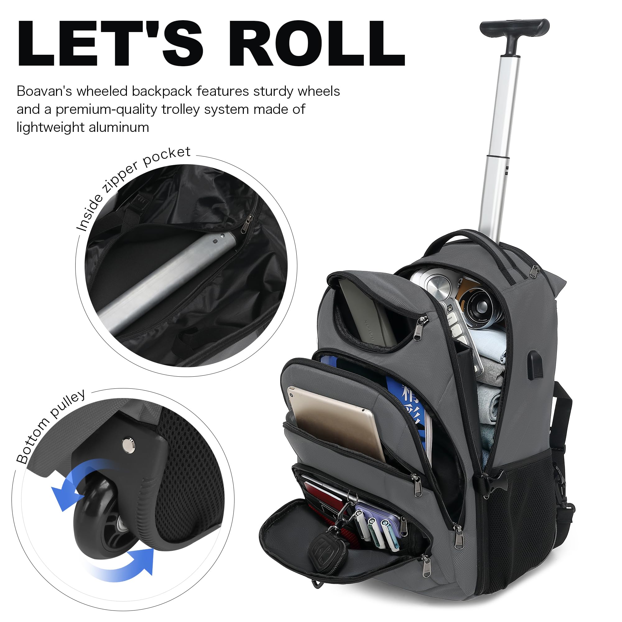 Boavan 17 Inch Rolling Backpack with Wheels - Water Resistant Wheeled Carry On Luggage for Travel, Business & College - Trolley Backpack Suitcase for Men & Women - Perfect for Airplane, Commuting & Overnight Trips - Grey