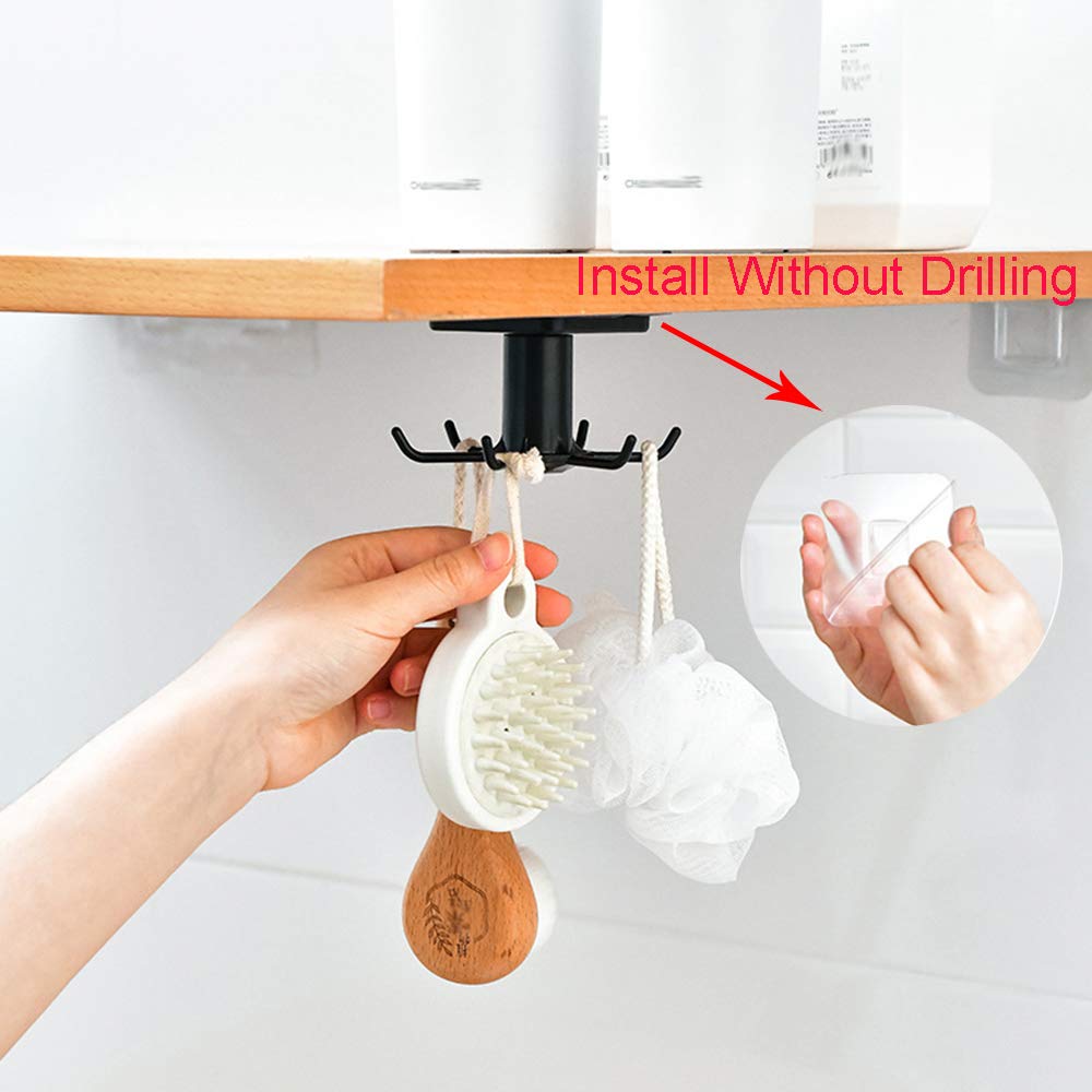 2pcs 360° Rotating Under Cabinet Kitchen Utensil Rack, Adhesive Utility Hooks for Tools Storage, Black - Perfect for Small Kitchen Organization