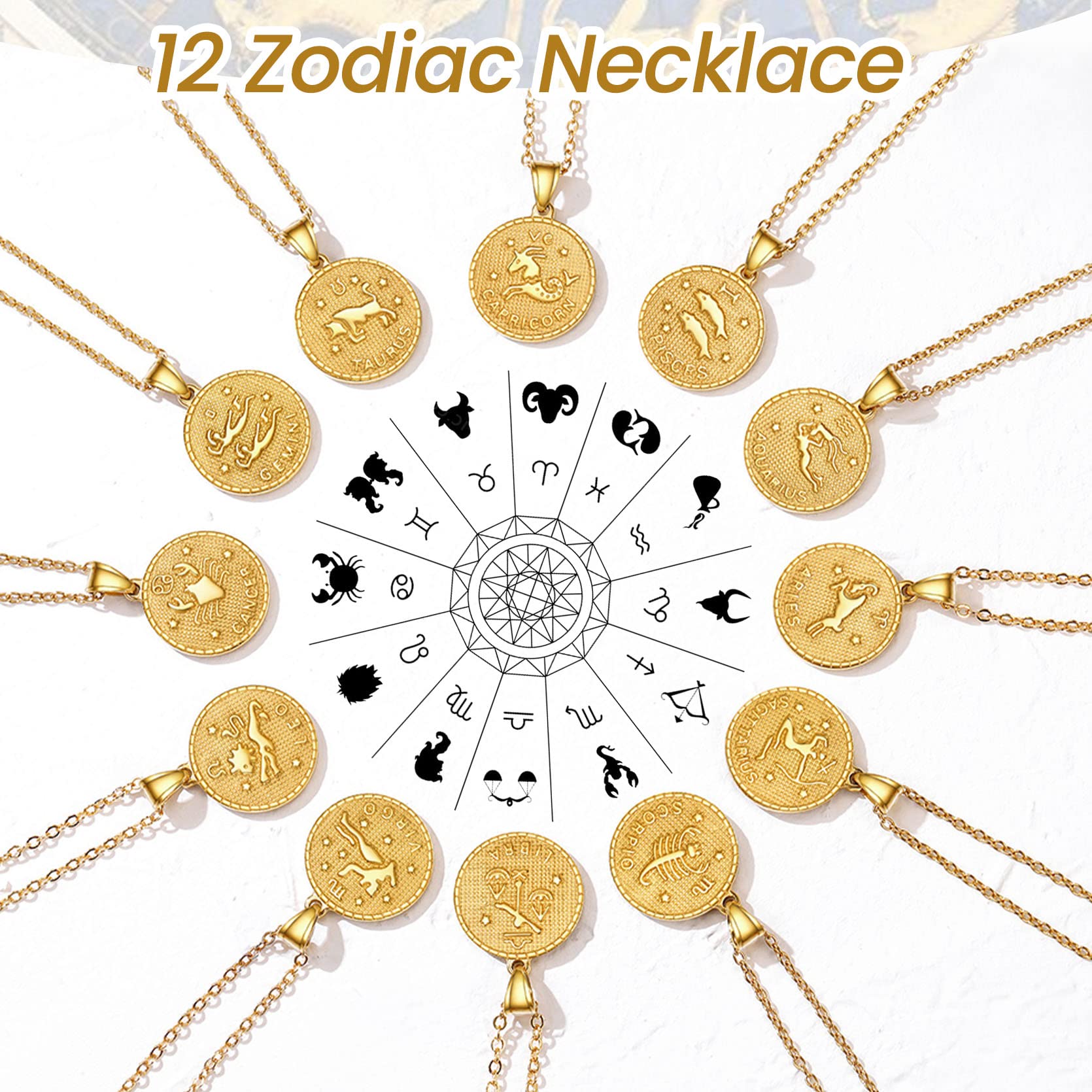 GOLDCHIC Zodiac Necklace for Women & Men - 14K Gold Plated Constellation Coin Pendant, Horoscope Astrology Jewelry Gift - Perfect for Birthdays, Anniversaries & Spiritual Protection