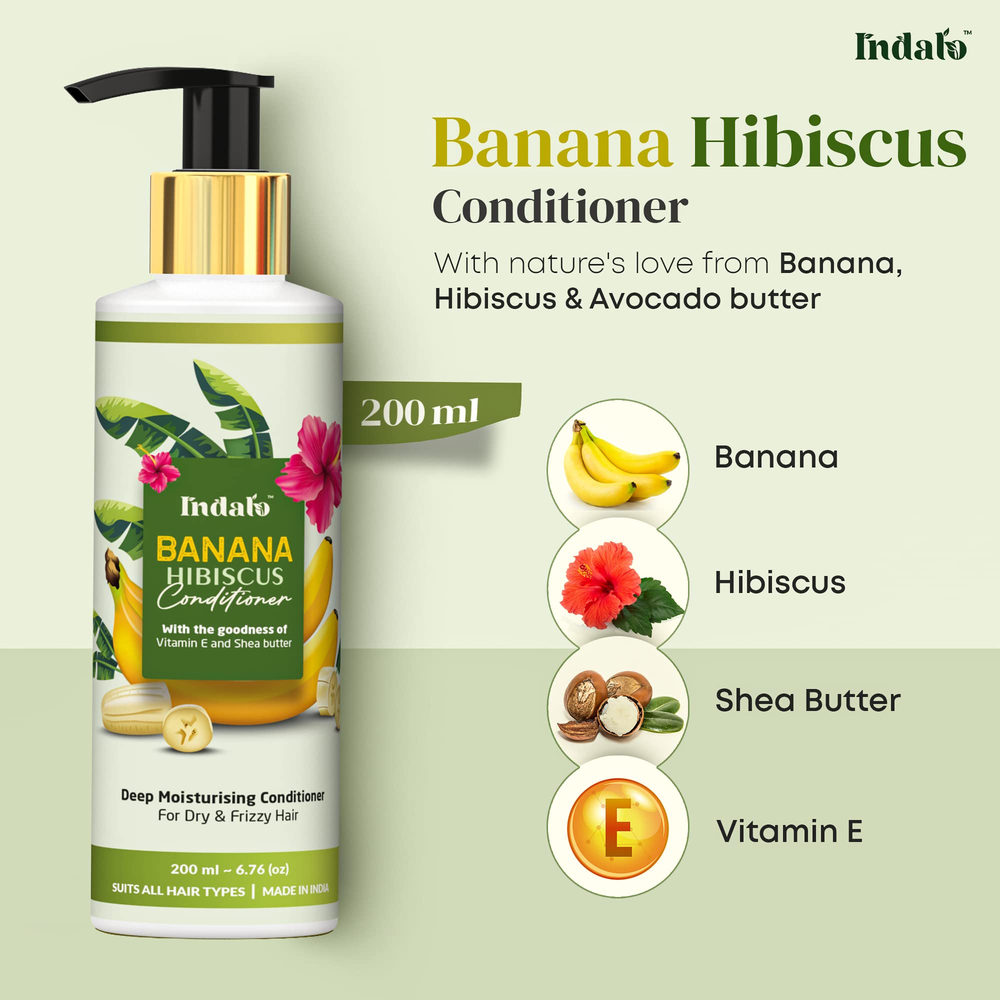 Indalo Banana Hibiscus Hair Conditioner with Vitamin E & Shea Butter - Moisturizing Treatment for Dry, Frizzy, Dull Hair - Paraben, Sulfate & Cruelty Free - 200ml | For Men & Women | Perfect for Daily Hydration & Salon-Quality Smoothness at Home