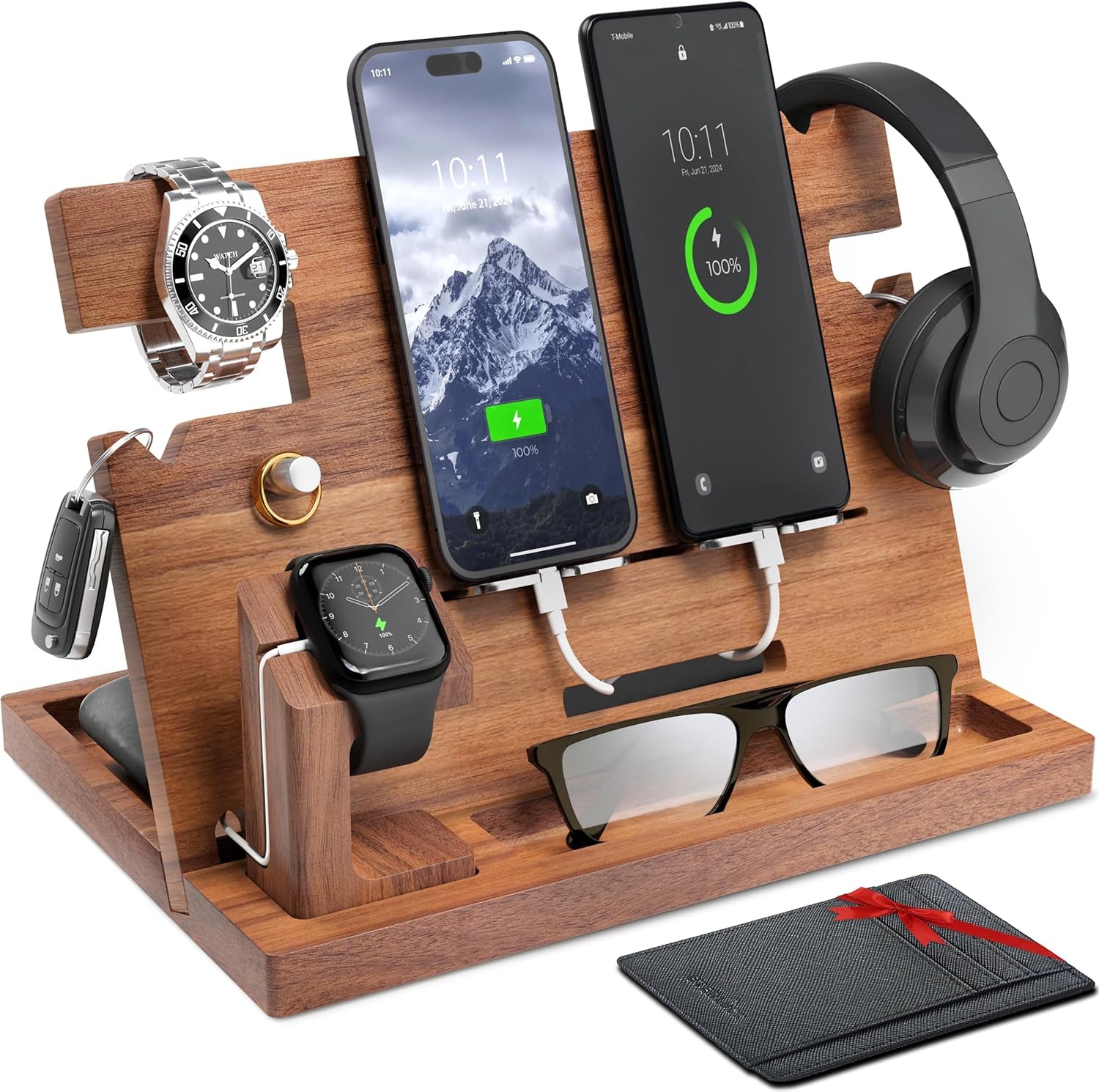 Premium Wooden Docking Station with RFID Blocking Wallet - Organize Phone, Watch & Keys | Stylish Desktop Charging Stand for Home & Office | Gorilla Cases