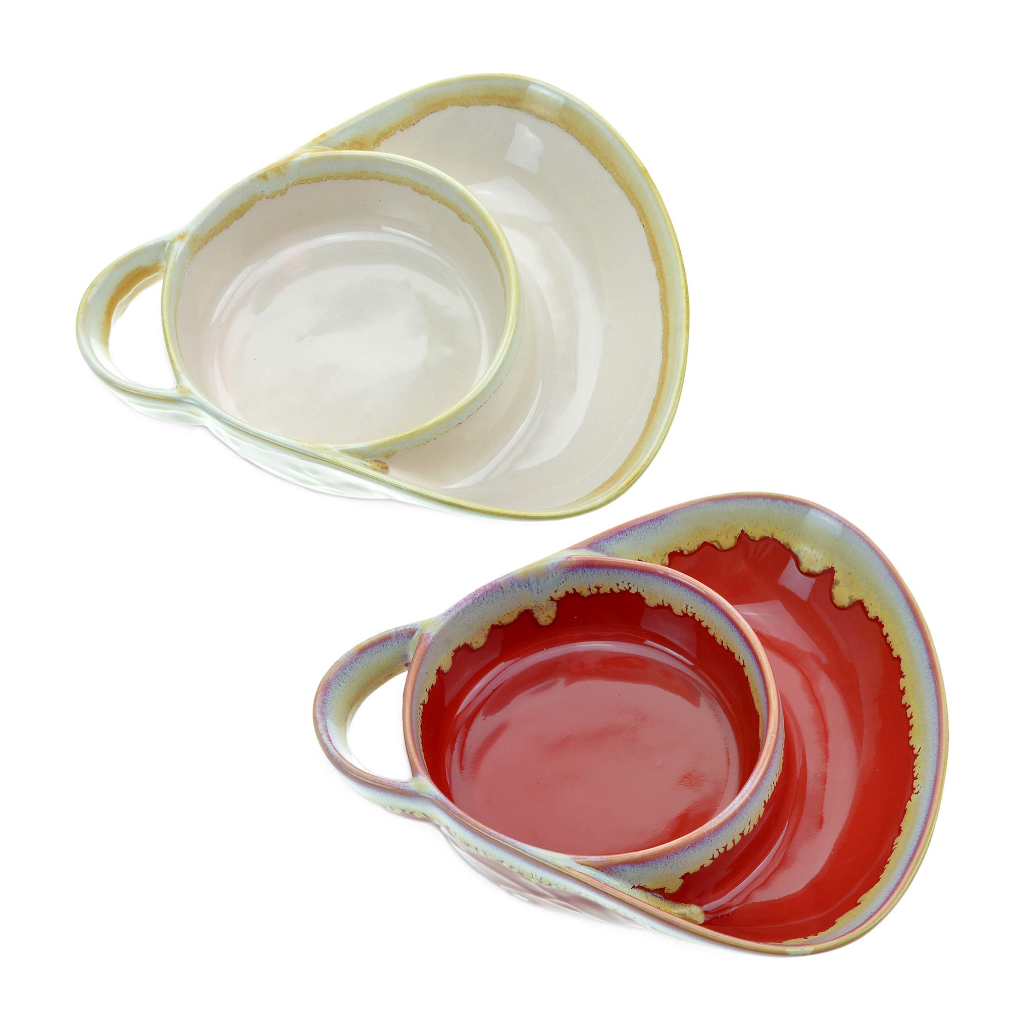 Premium Stoneware Soup & Side Bowls Set of 2 - Chip & Dip Serving Dishes in Cream & Red by Roe & Moe | Perfect for Entertaining, Party Snacks & Family Dinners