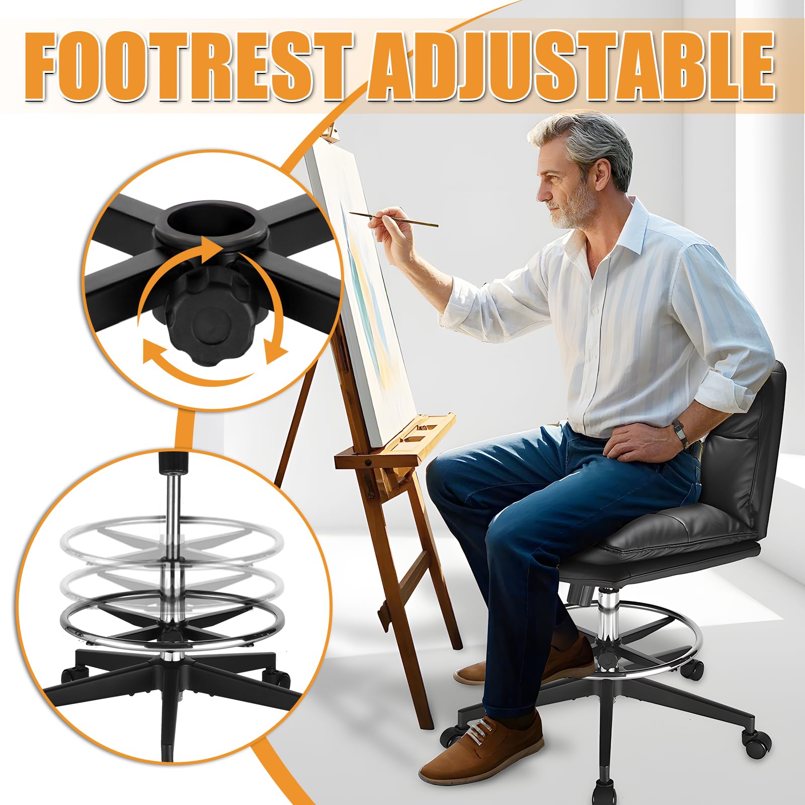 Ergonomic Drafting Chair - Adjustable Height Office Chair with Super Soft Seat Cushion, Footrest Ring & 400LBS Weight Capacity (Black) - Perfect for Standing Desks, Architects, Artists & Home Offices