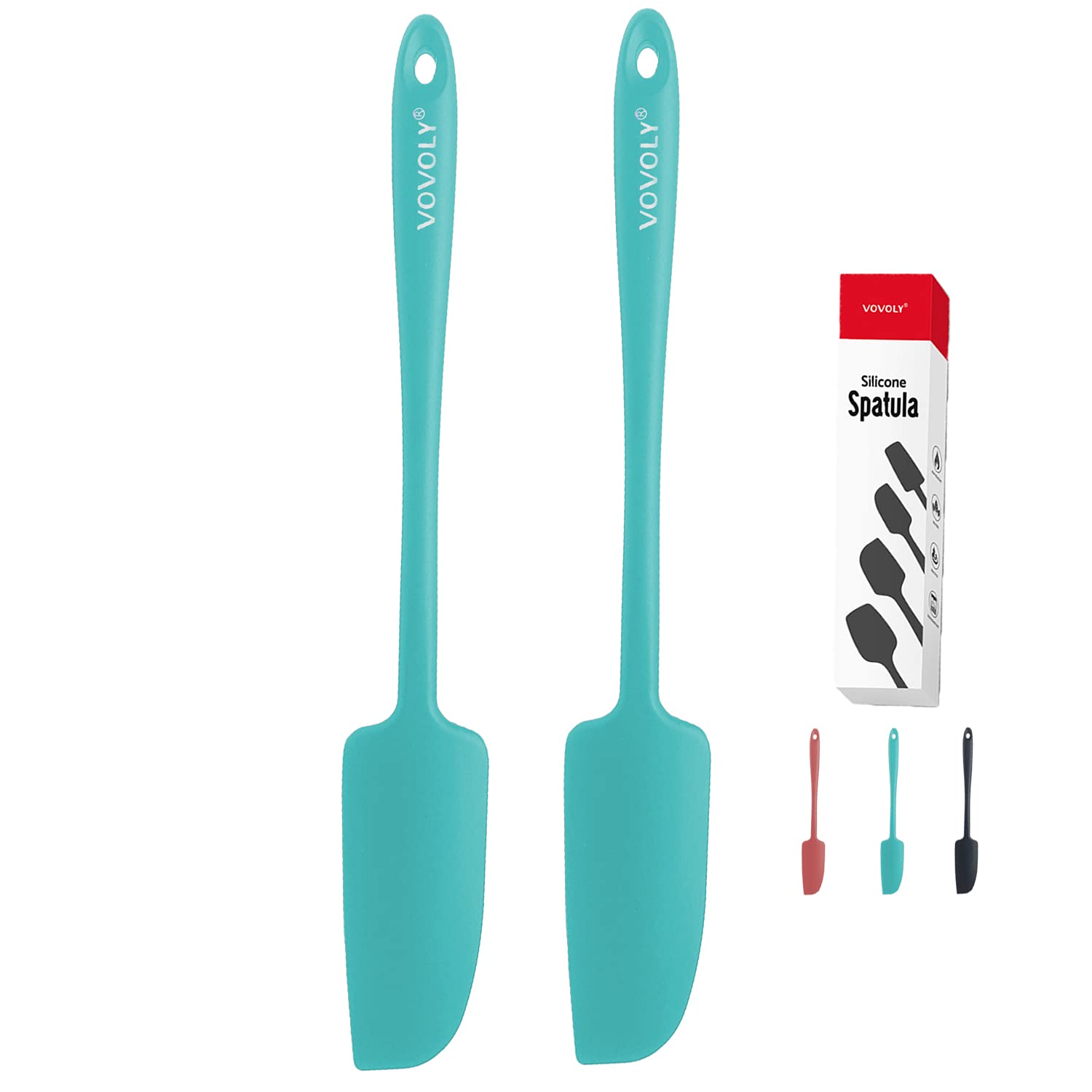 2-Pack Vovoly Silicone Jar Spatulas - Small Seamless Rubber Scraper with Stainless Steel Core, Heat Resistant & Non-Stick Mini Spatula for Jars, Blenders, Mixing, Baking - BPA Free, 11 Inch, Teal - Perfect for Kitchen, Cooking, Food Prep & Smoothie Making