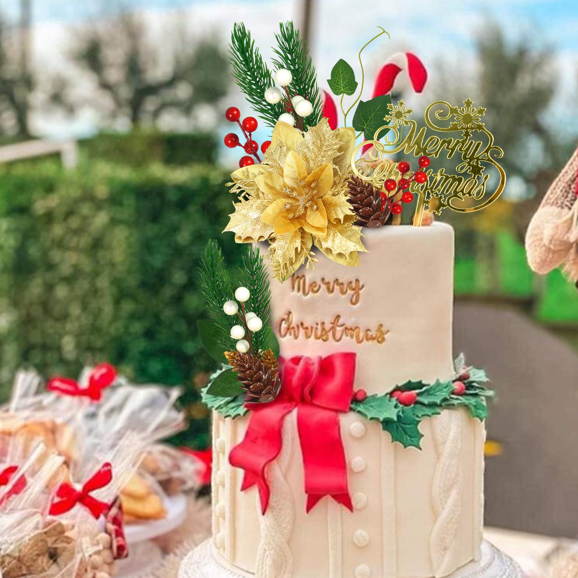Merry Christmas Cake Topper Decorations - Artificial Pine Needles, Pine Cones & Berries for Holiday Party Cakes | Perfect for Christmas Theme Parties, Wedding Cakes & Festive Dessert Decorations