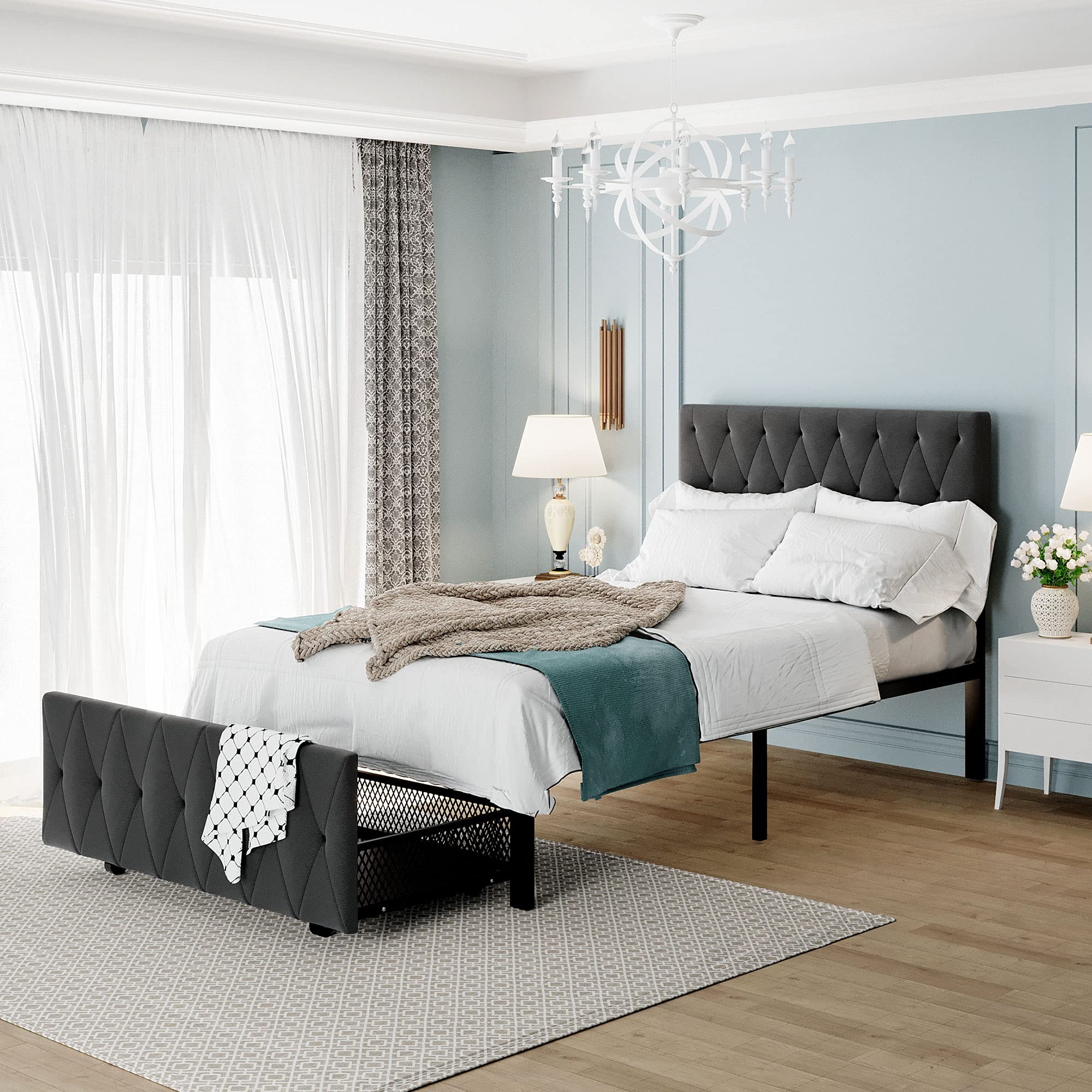 MWrouqfur Twin Upholstered Platform Bed Frame with Storage Drawer & Headboard - No Box Spring Needed, Grey - Perfect for Small Bedrooms, Guest Rooms & Dorm Rooms