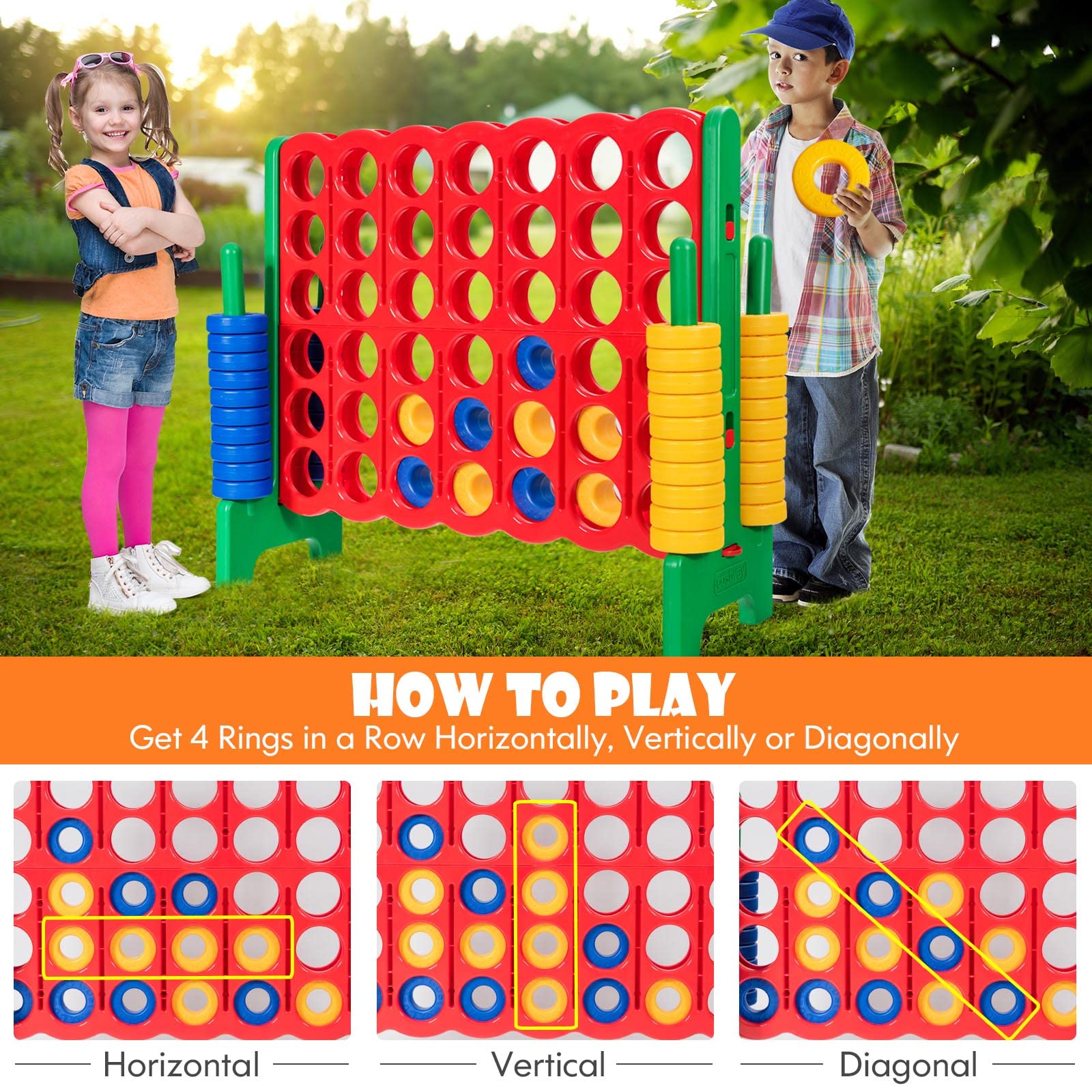 HONEY JOY Jumbo 4-to-Score Giant Connect 4 Game Set - 42 Oversized Rings with Quick-Release Slider | 3.5FT Tall Outdoor Yard Game for Family, Kids & Adults | Perfect for Backyard Parties, Picnics & Summer Gatherings