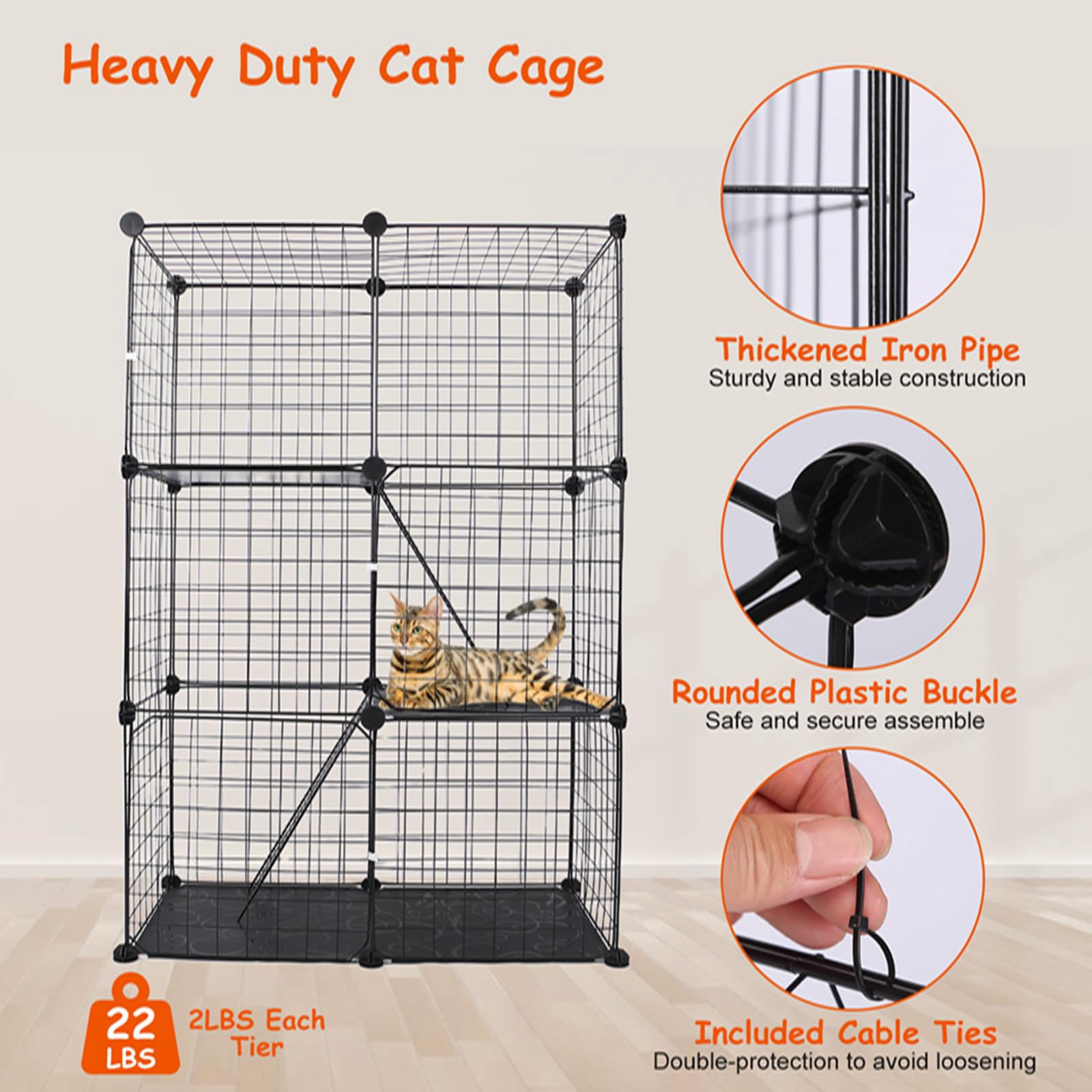 3 Tier Cat Cage Playpen - 42 Inch Indoor & Outdoor Metal Cat Enclosure with 3 Doors & 2 Ladders - Detachable Large Cat Playpen for 1-2 Cats - Easy Assembly Black Pet Exercise Pen - Perfect for Home, Garden, or Travel Use