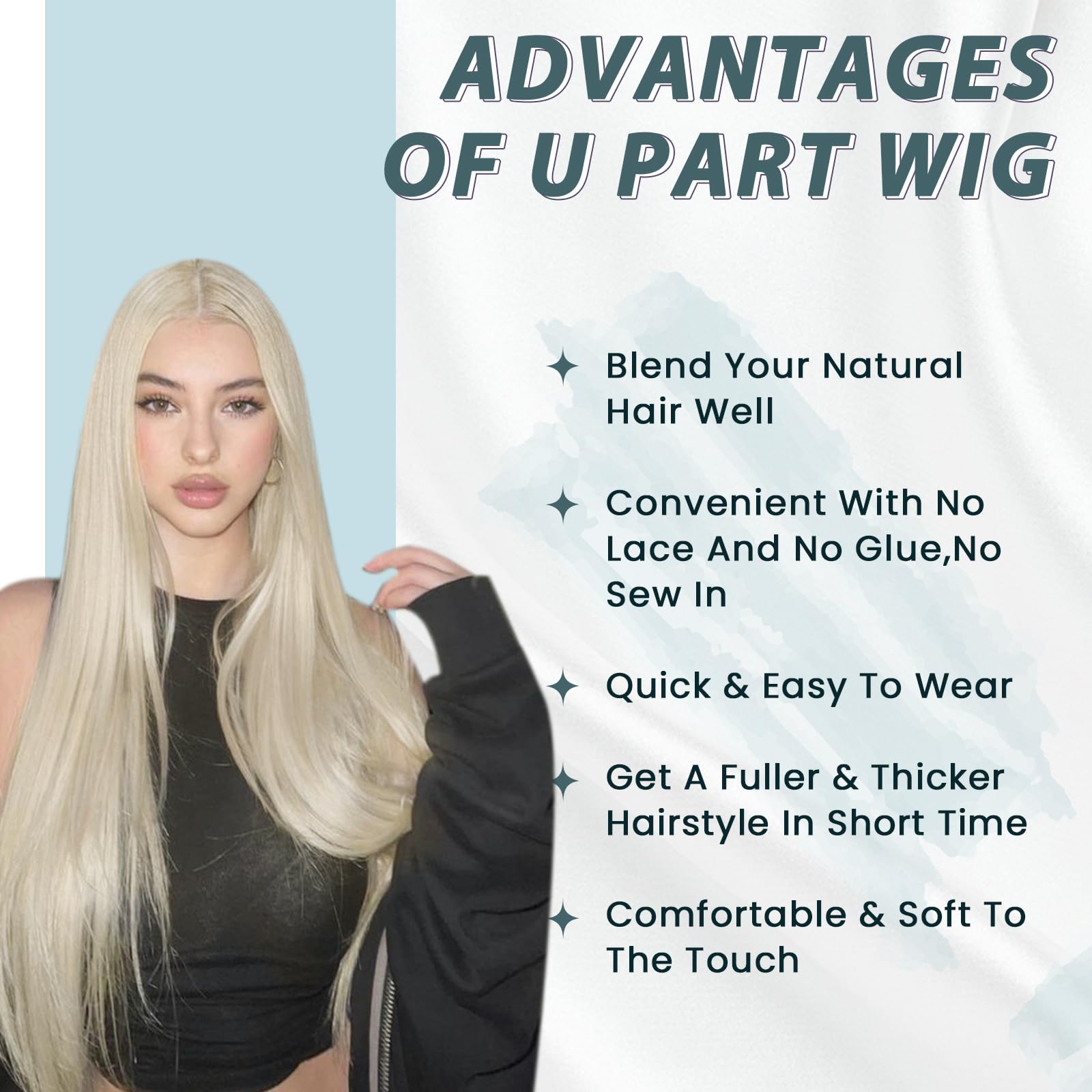 RUNATURE Blonde U Part Wig Human Hair 20 Inch 150% Density Remy Hair Half Wig - Glueless Clip-in Silky Straight for Daily Wear, Parties & Special Occasions